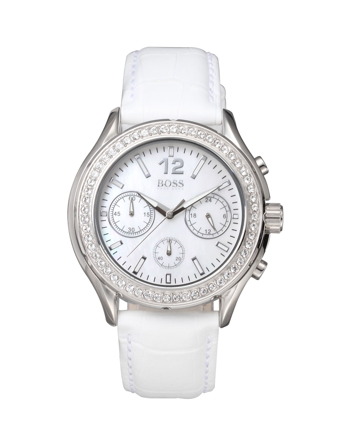 名品手表boss 女款白色面奢华闪钻款三表盘石英表1502263白面_唯品会