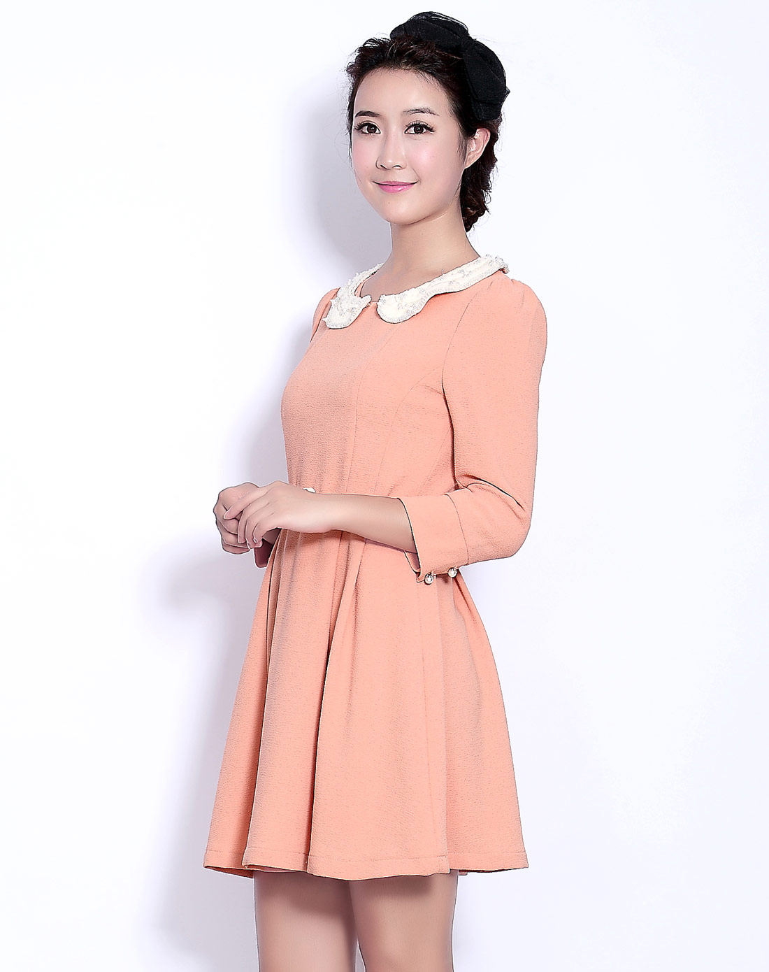 裸粉色可拆卸甜美珍珠领公主线长袖连衣裙