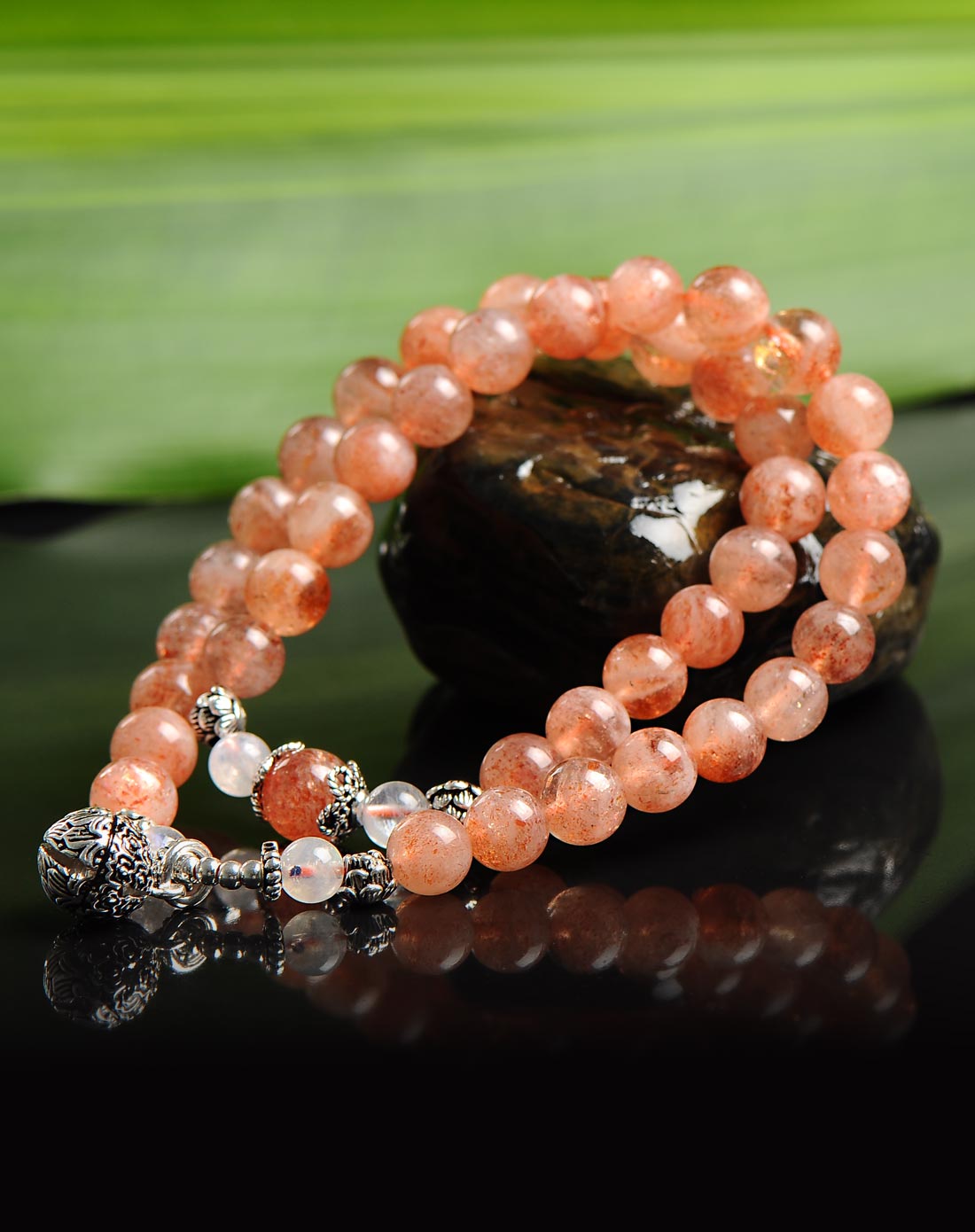 天然顶级草莓晶日长石手链绕两圈7mm