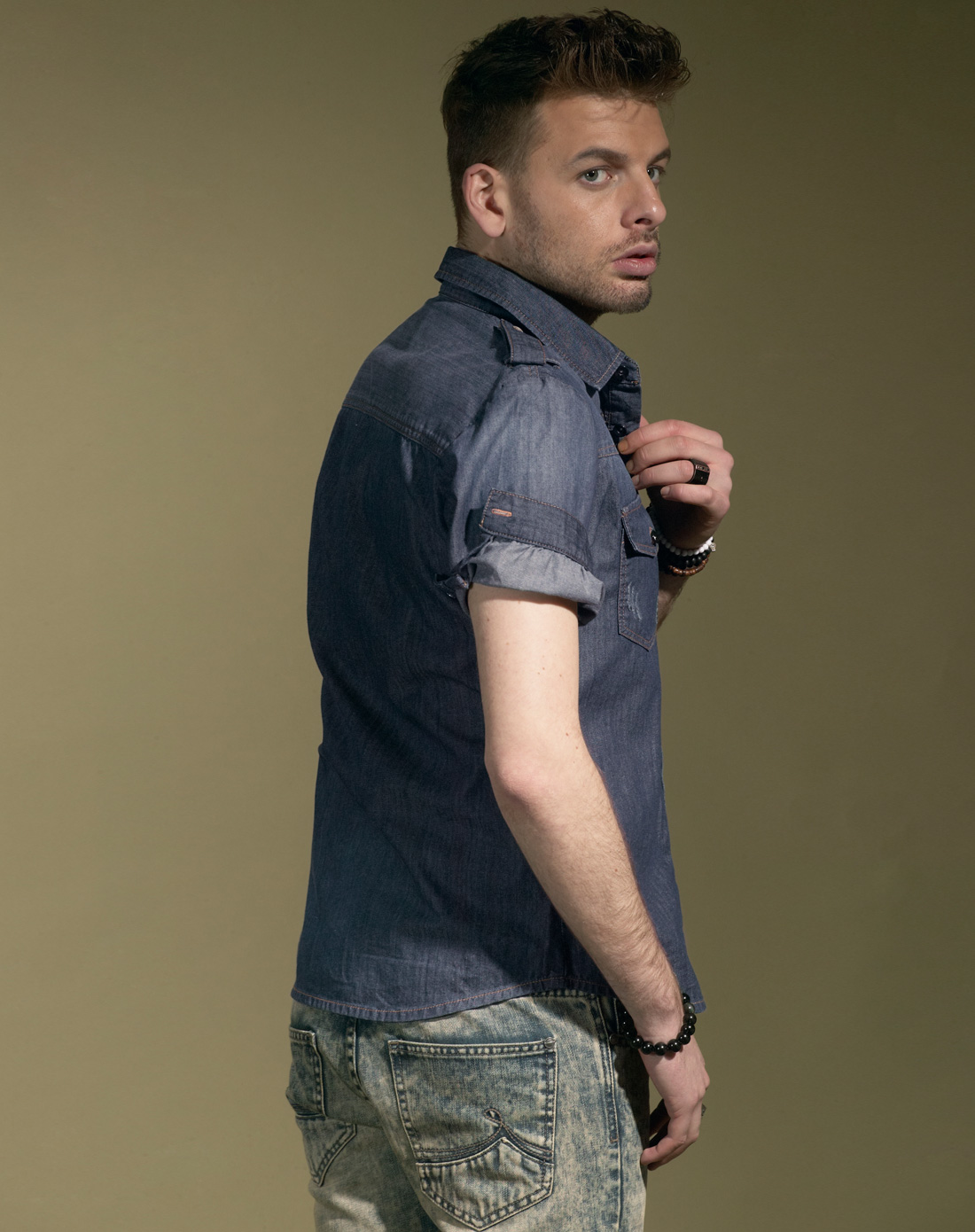 男款玄青色军装风短袖牛仔衬衫