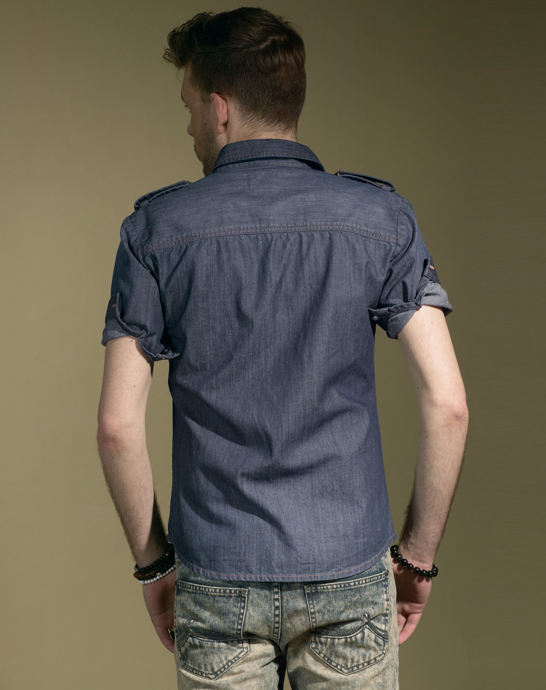 男款玄青色军装风短袖牛仔衬衫