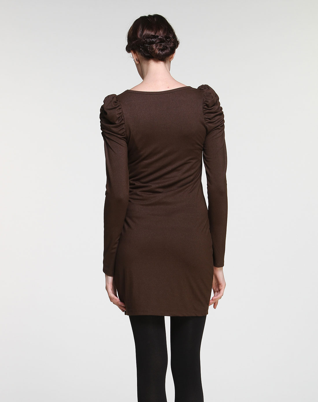 黑咖啡色公主袖连衣裙
