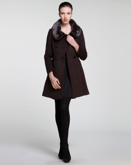 灰咖啡色毛领气质长袖大衣