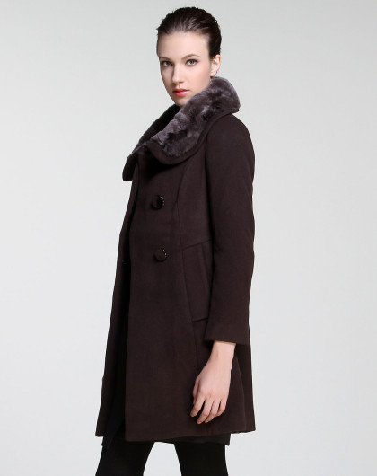 灰咖啡色毛领气质长袖大衣