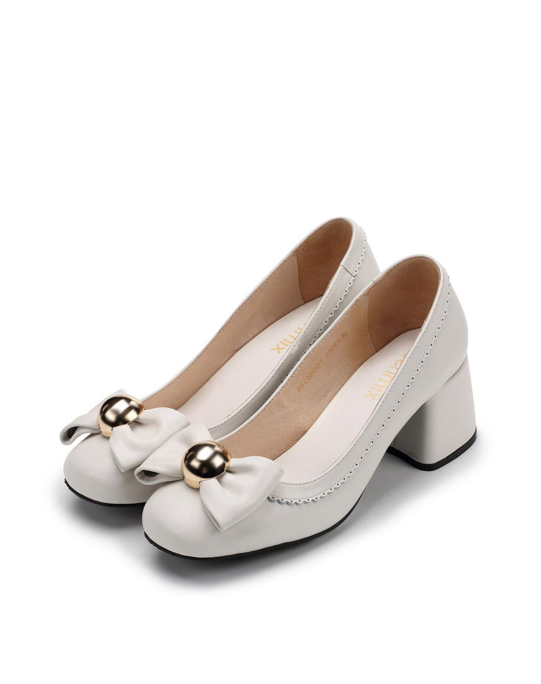 天美意2017牛皮粗跟时尚蝴蝶结浅口女单鞋女鞋