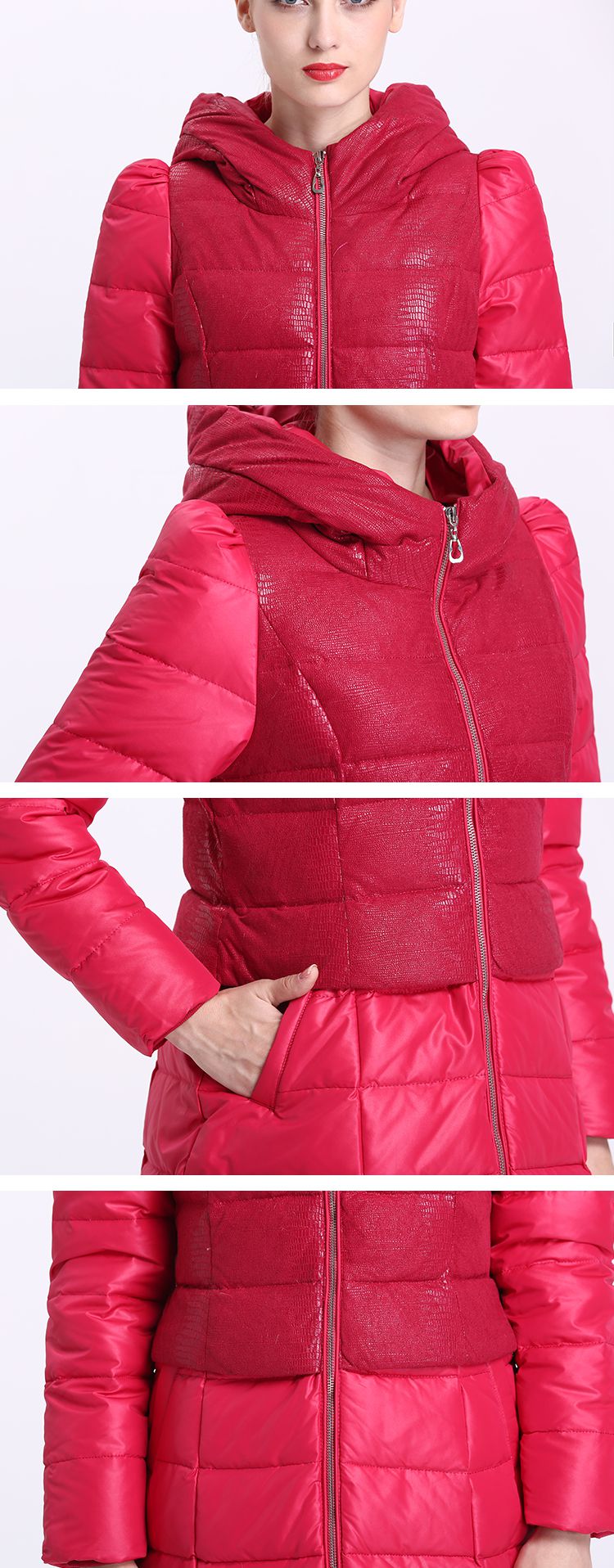 玫红色上身拼接时尚烫印麂皮绒连帽羽绒服