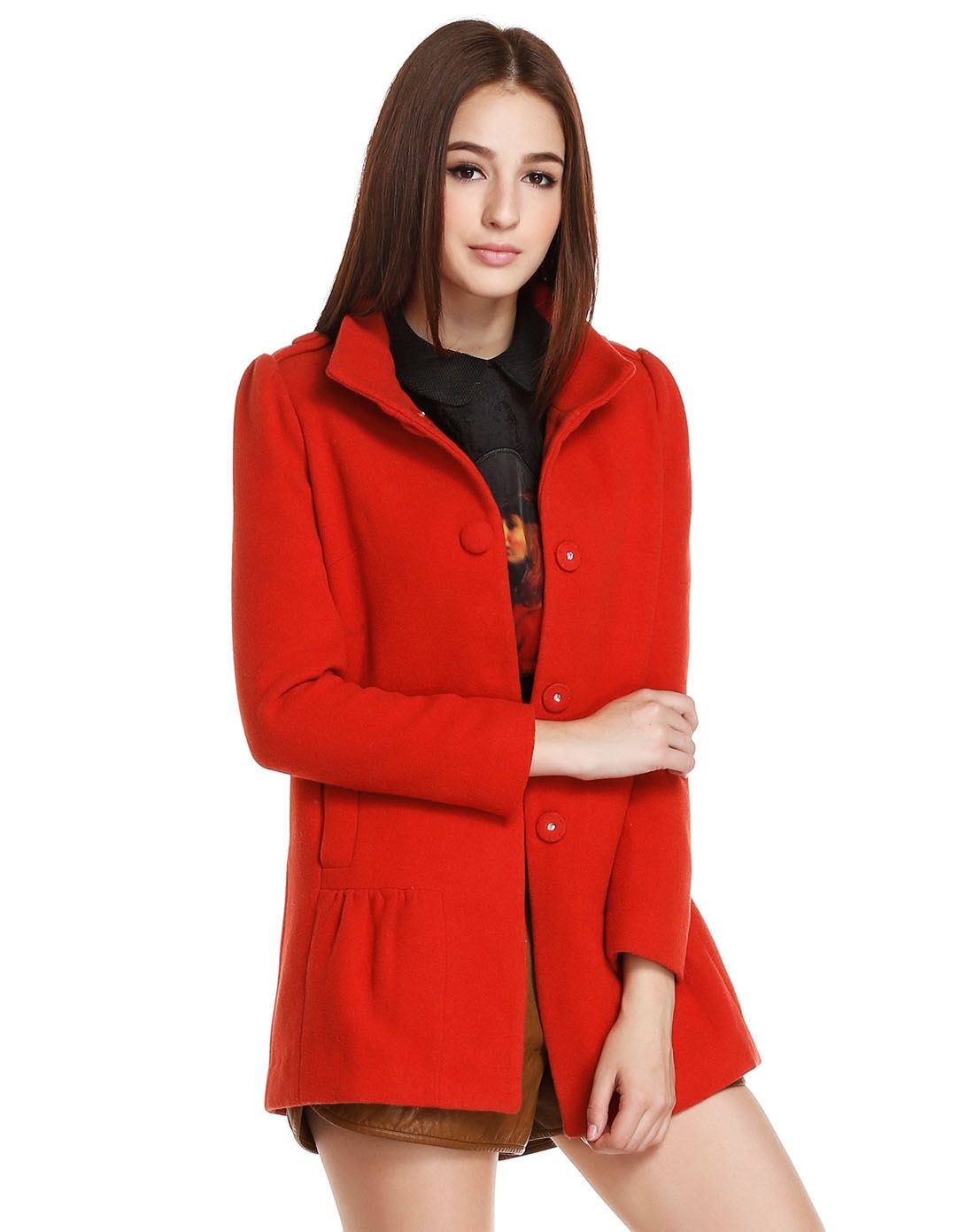 橙红色淑女气质长款长袖大衣