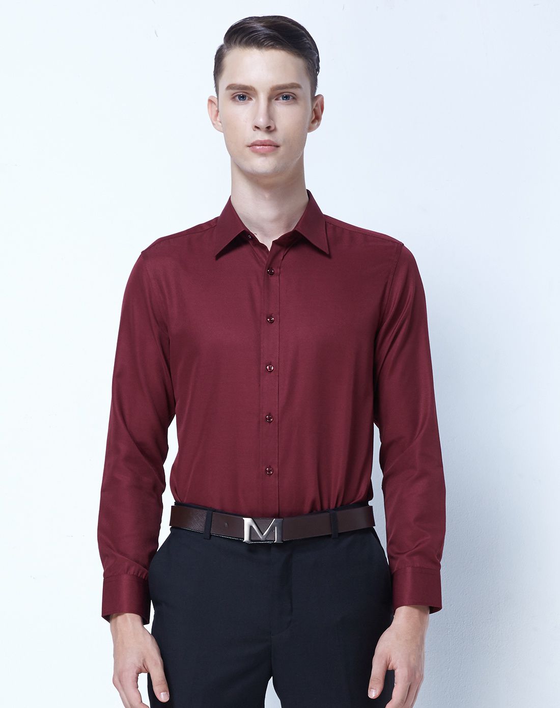男士酒红色斜纹长袖衬衫