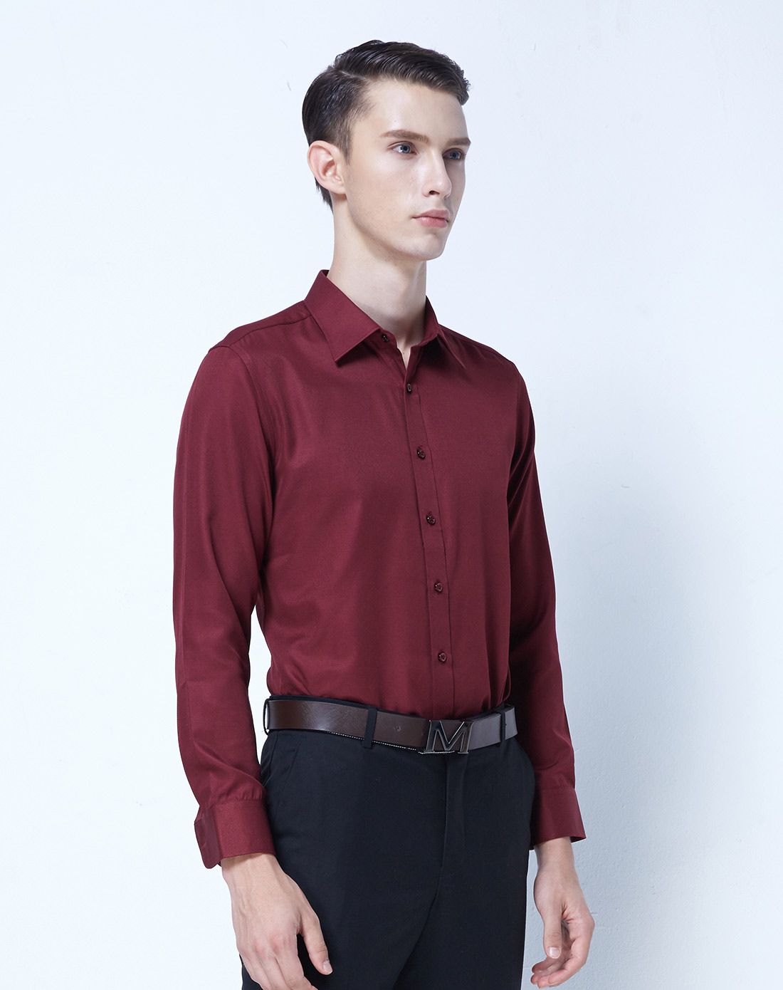 男士酒红色斜纹长袖衬衫