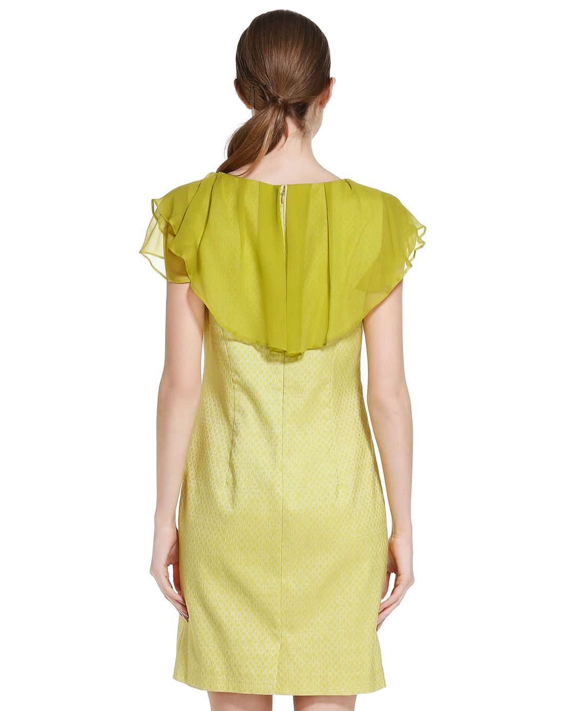 黄绿色优雅气质盖肩袖连衣裙