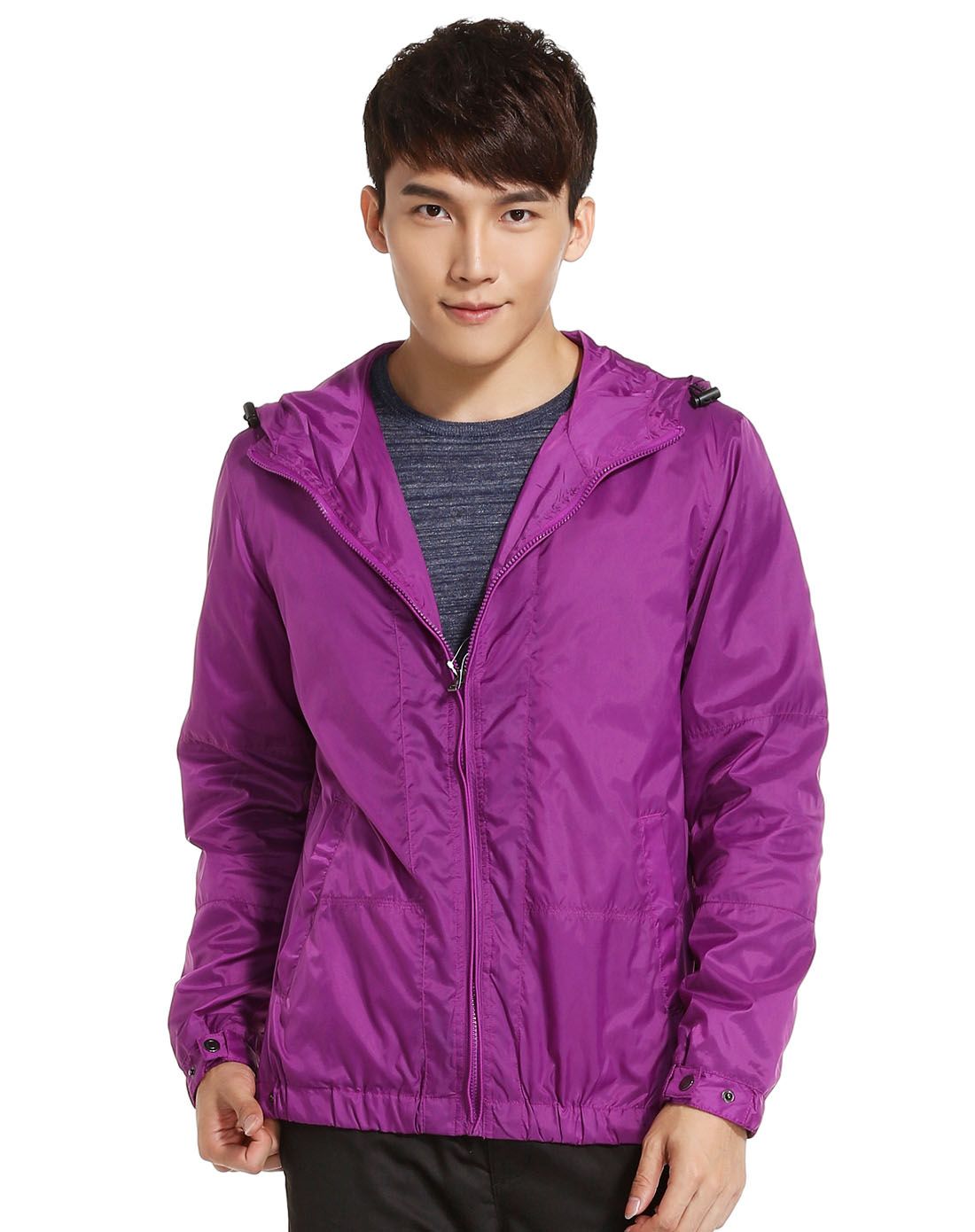 紫色连帽帅气长袖夹克