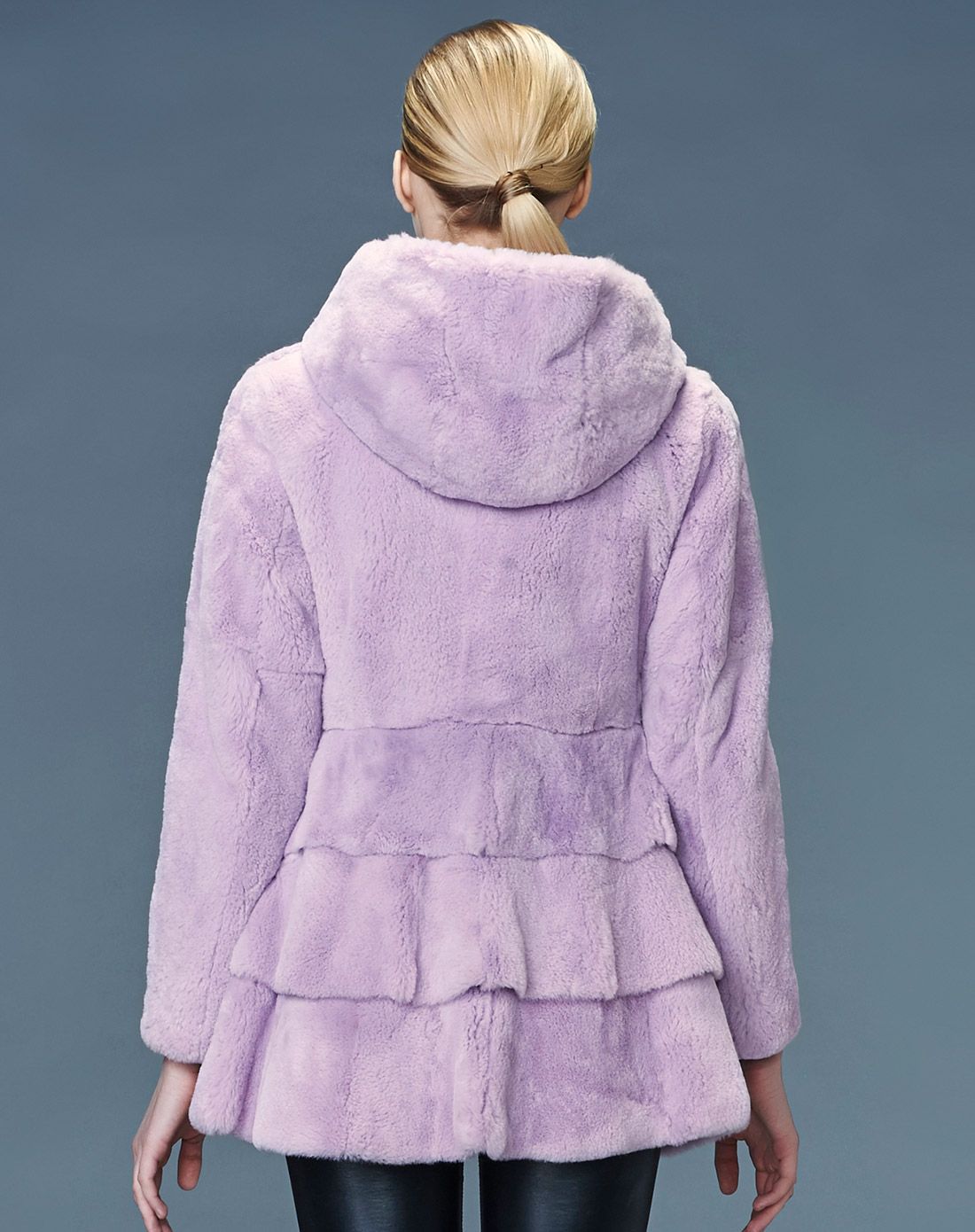 女款香芋色连帽中长款獭兔皮草外套