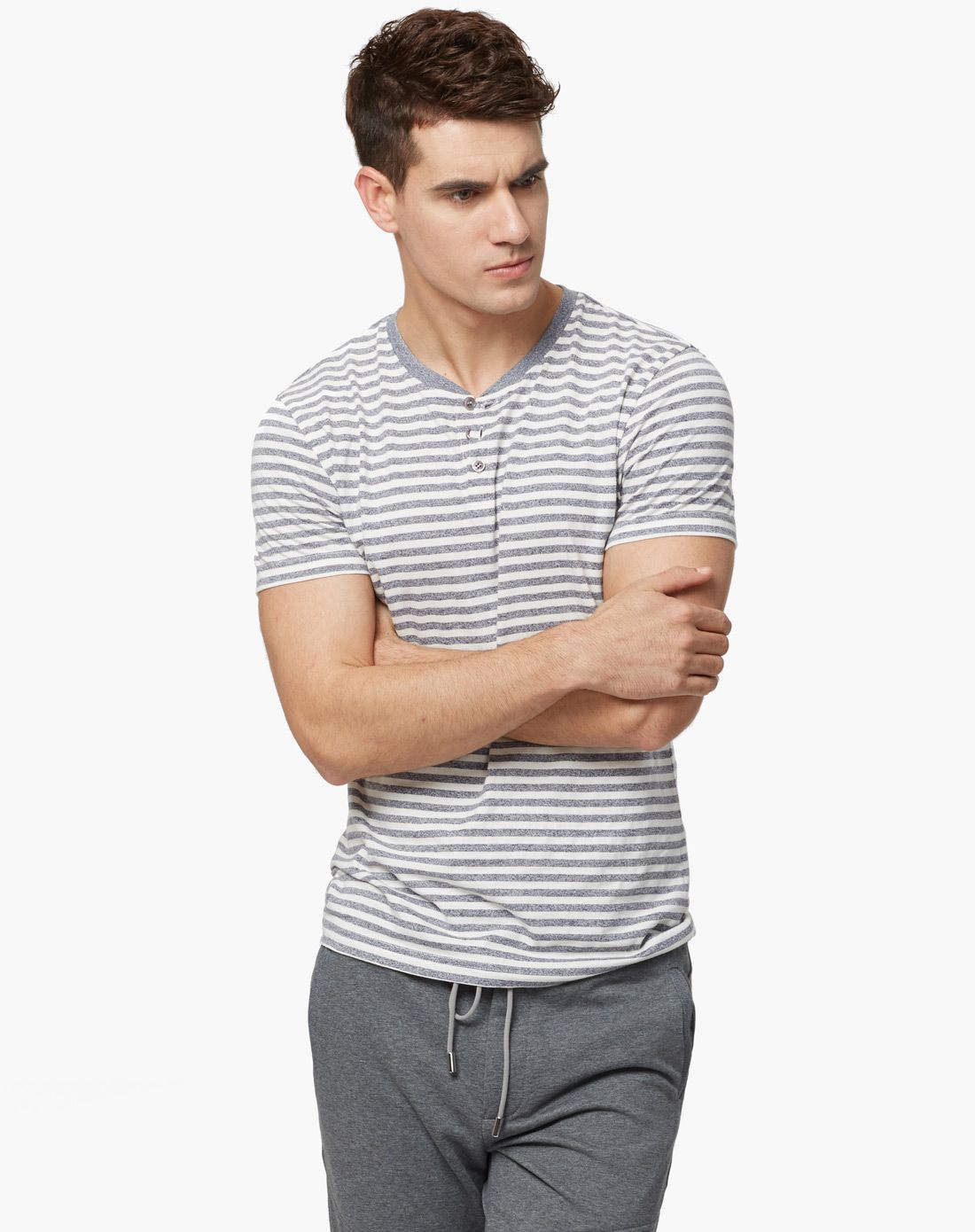 男蓝条柔软舒适短袖半开衫t恤