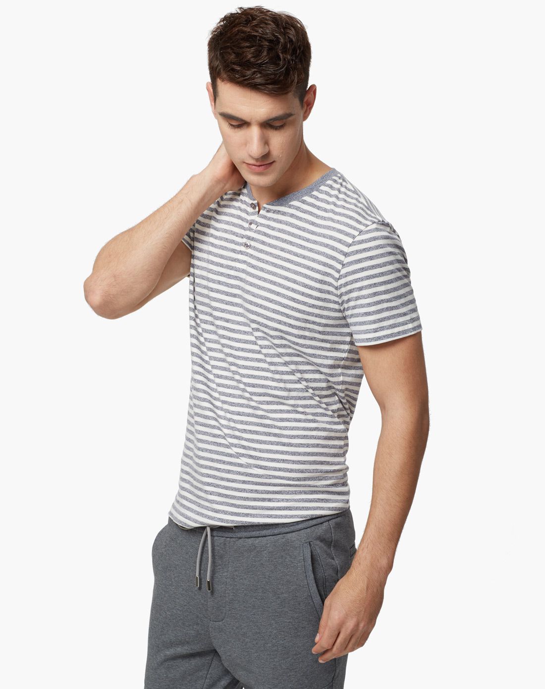 男蓝条柔软舒适短袖半开衫t恤