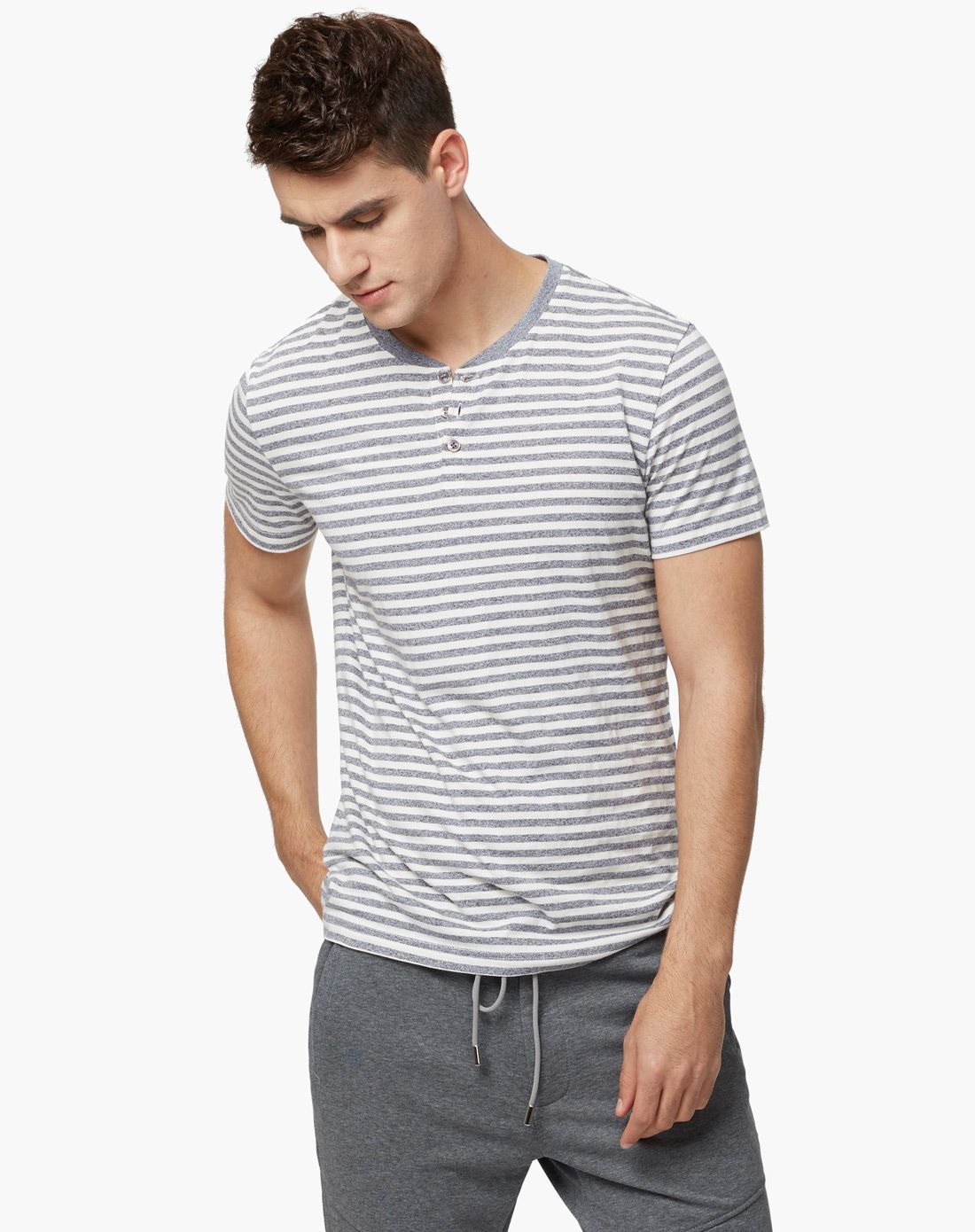 男蓝条柔软舒适短袖半开衫t恤