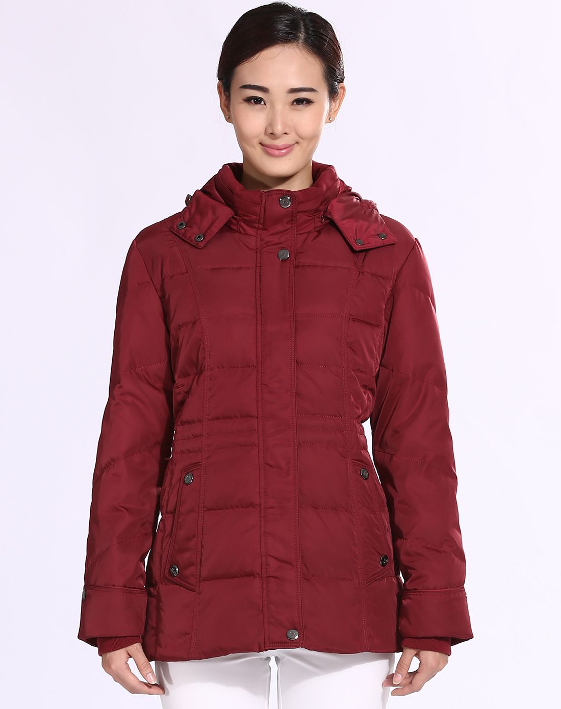 女士幽红色修身羽绒服
