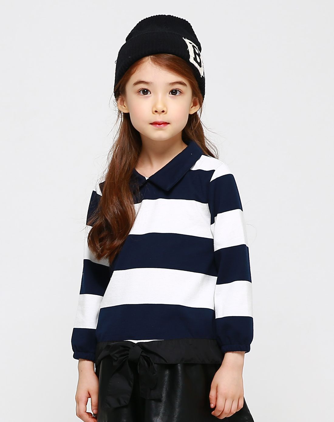 女童蓝白条纹衬衣领蝴蝶结t恤