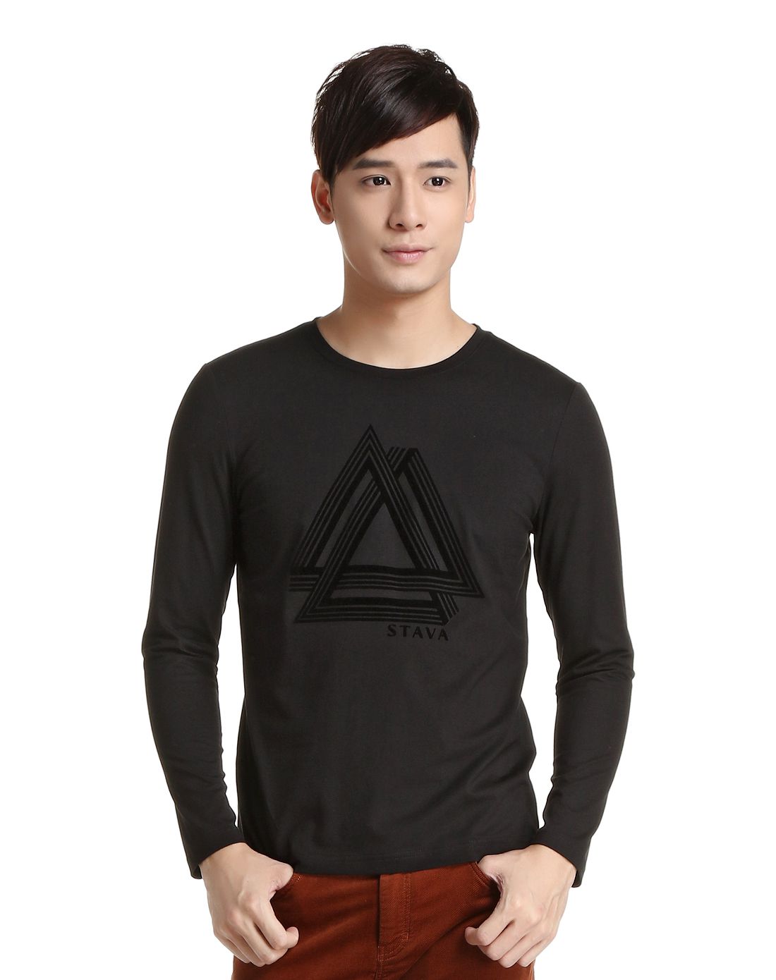 黑色时尚百搭棱形印花长袖t恤