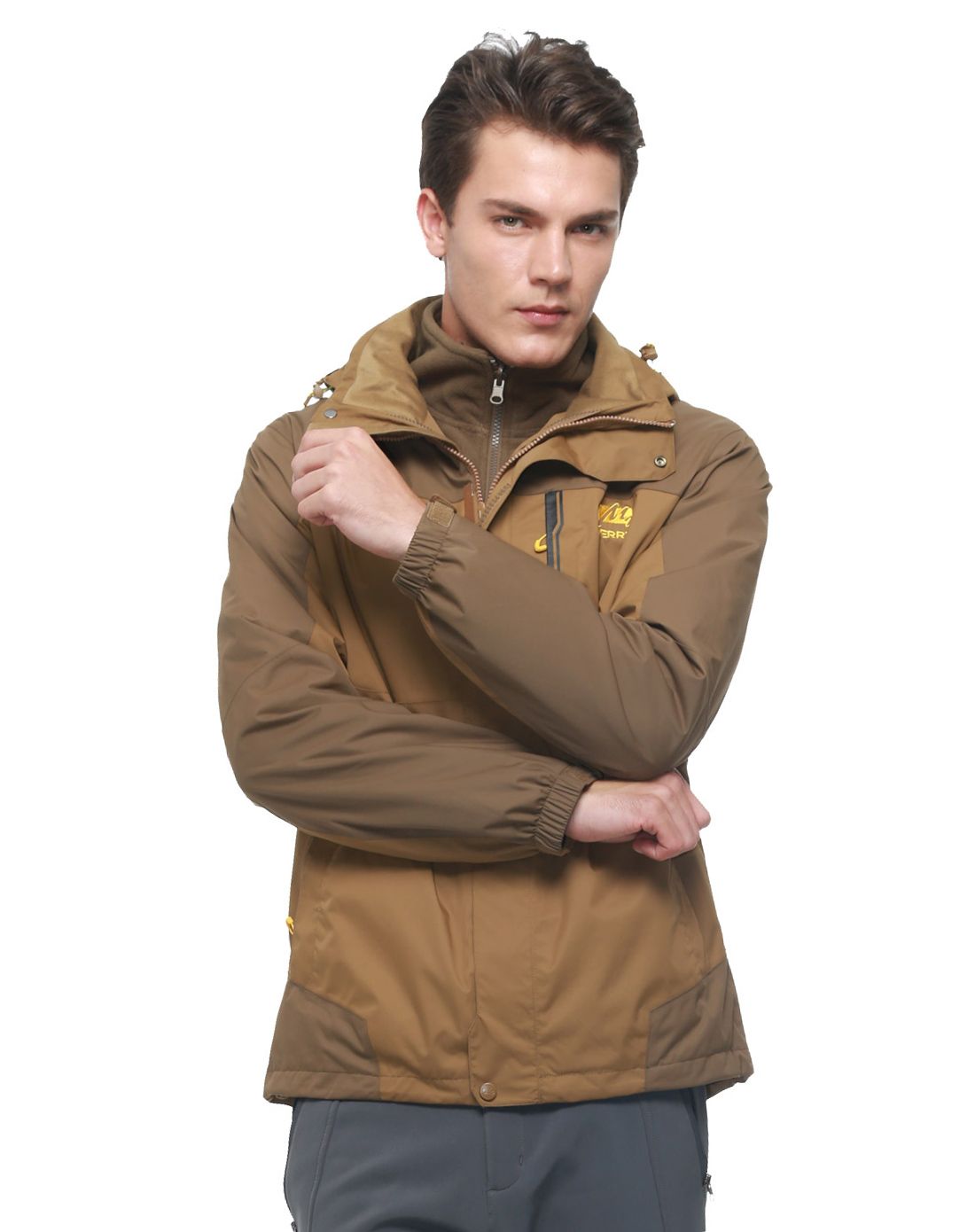 男款杏黄/浅咖啡色塔丝隆冲锋衣