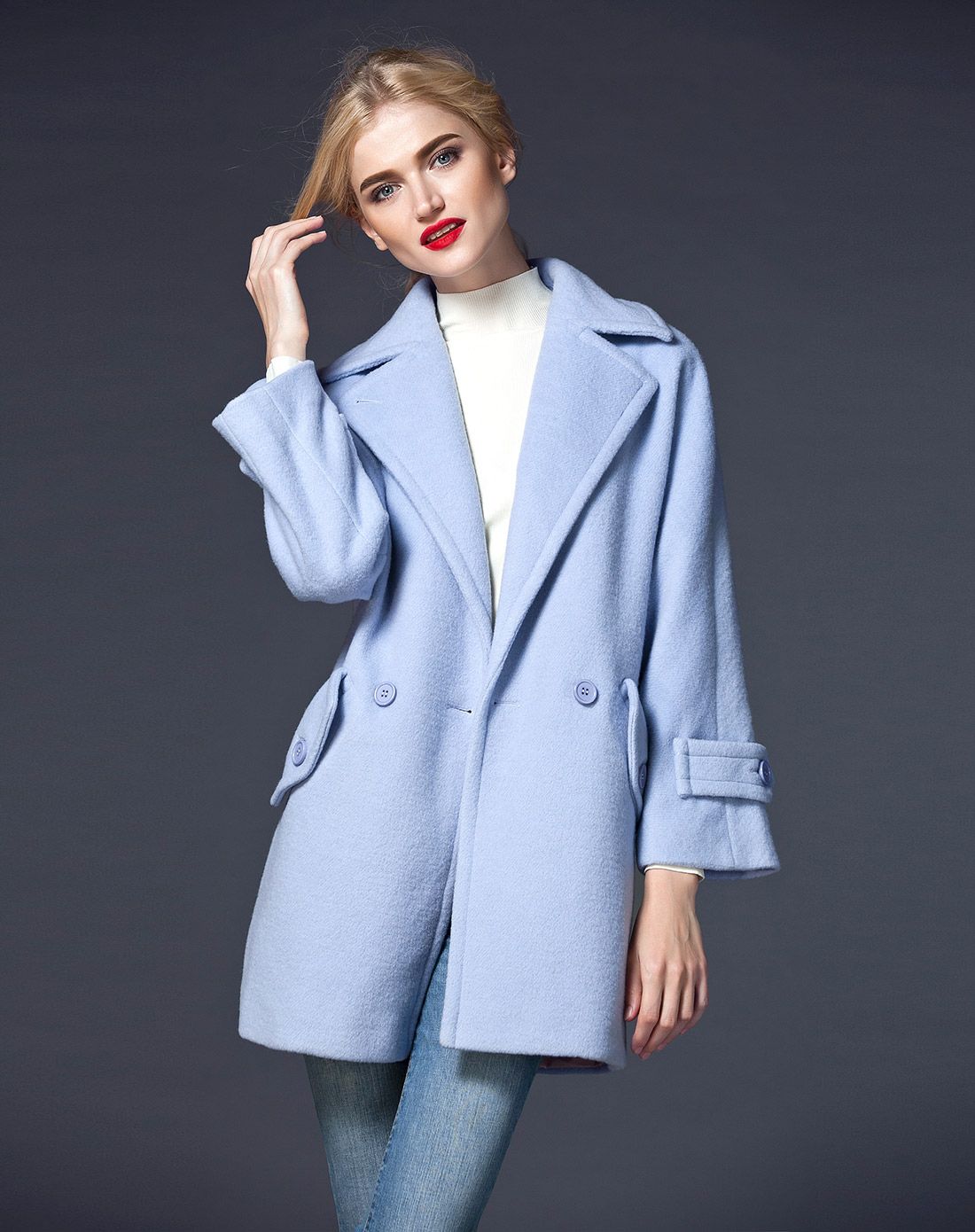 浅蓝色ol精致气质双排扣翻领毛呢大衣