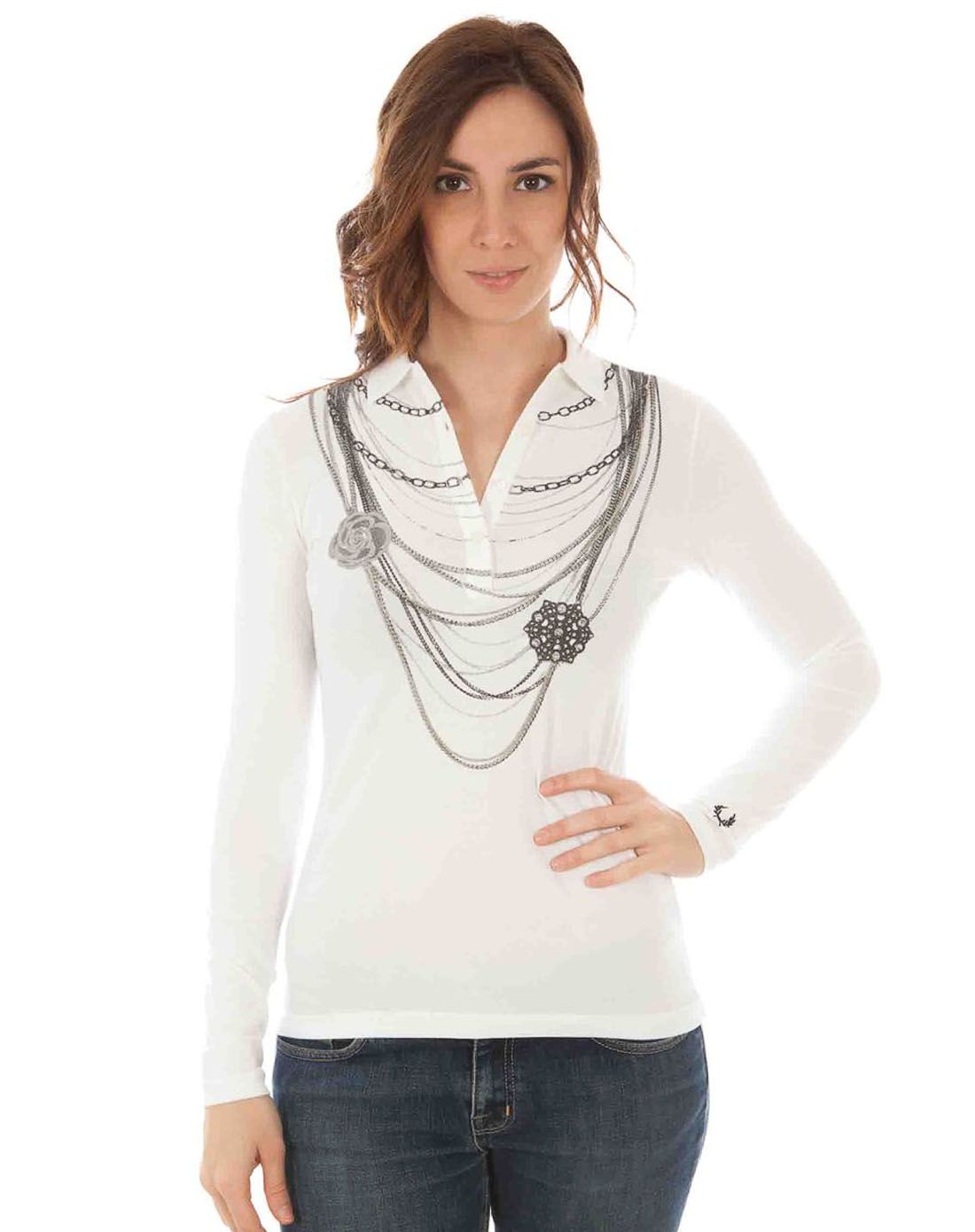 > fred perry 女装米白色印花时尚长袖上衣