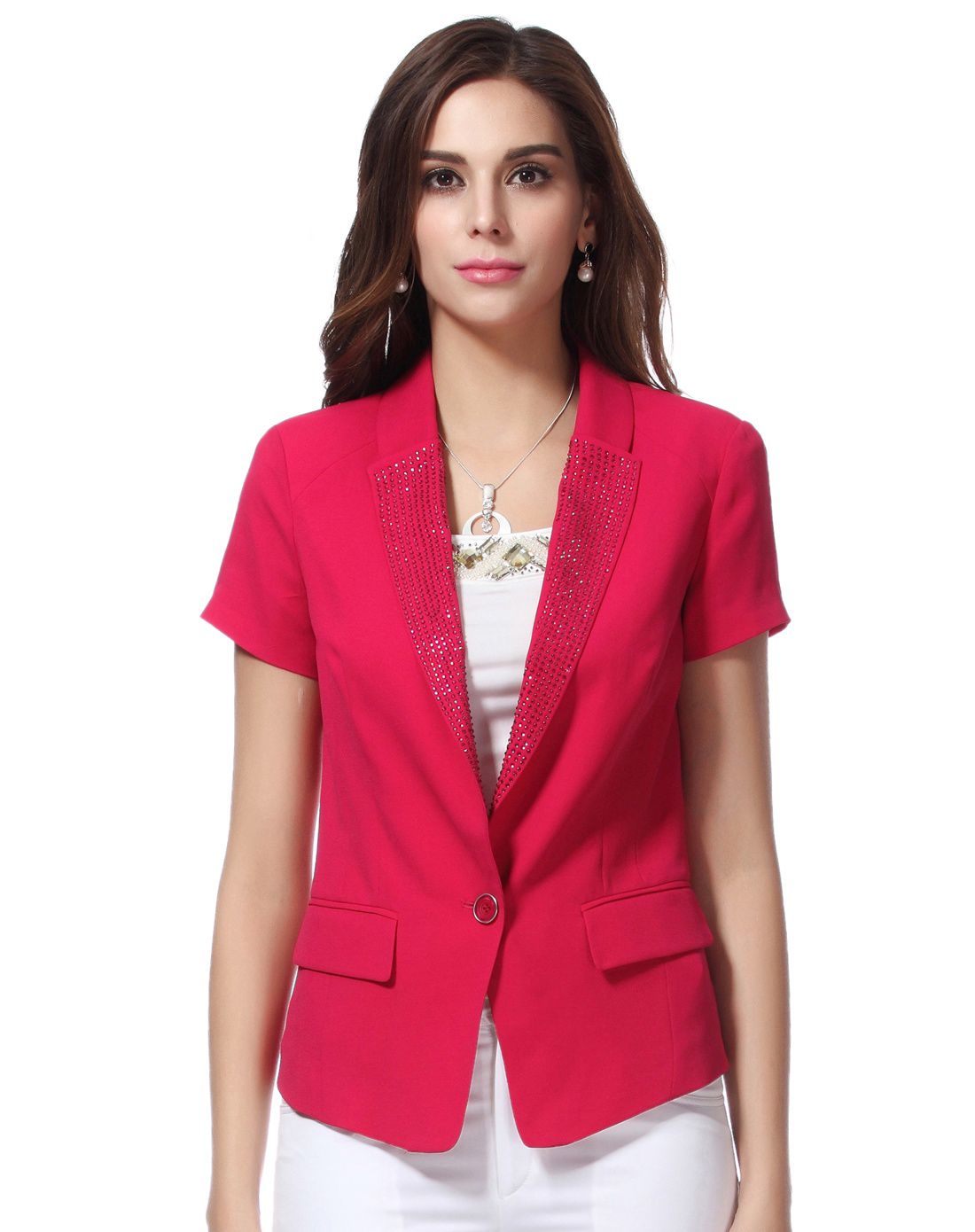 玫红色一粒扣仿水晶饰领ol风短袖上衣