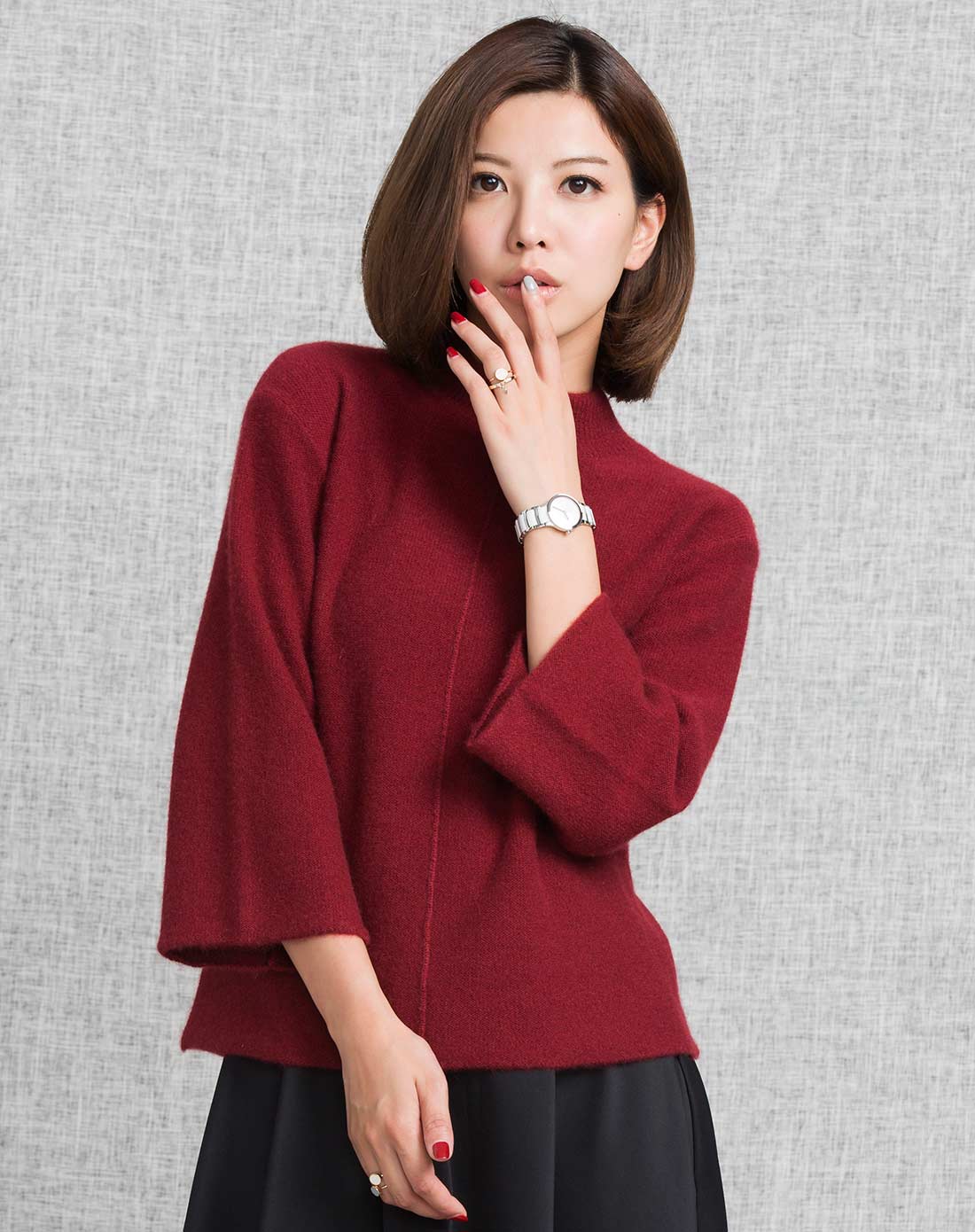 红莲honglian羊绒女式深红色100%山羊绒高领套衫rlw15-522123_唯品会