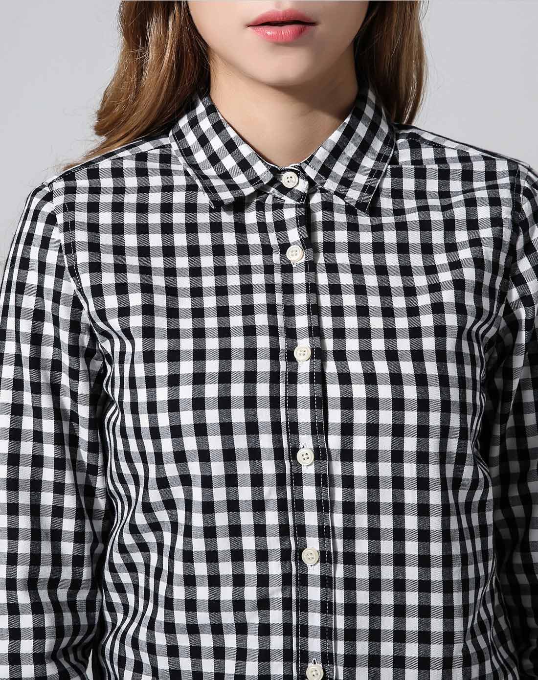 女款黑白格子休闲加绒保暖衬衫