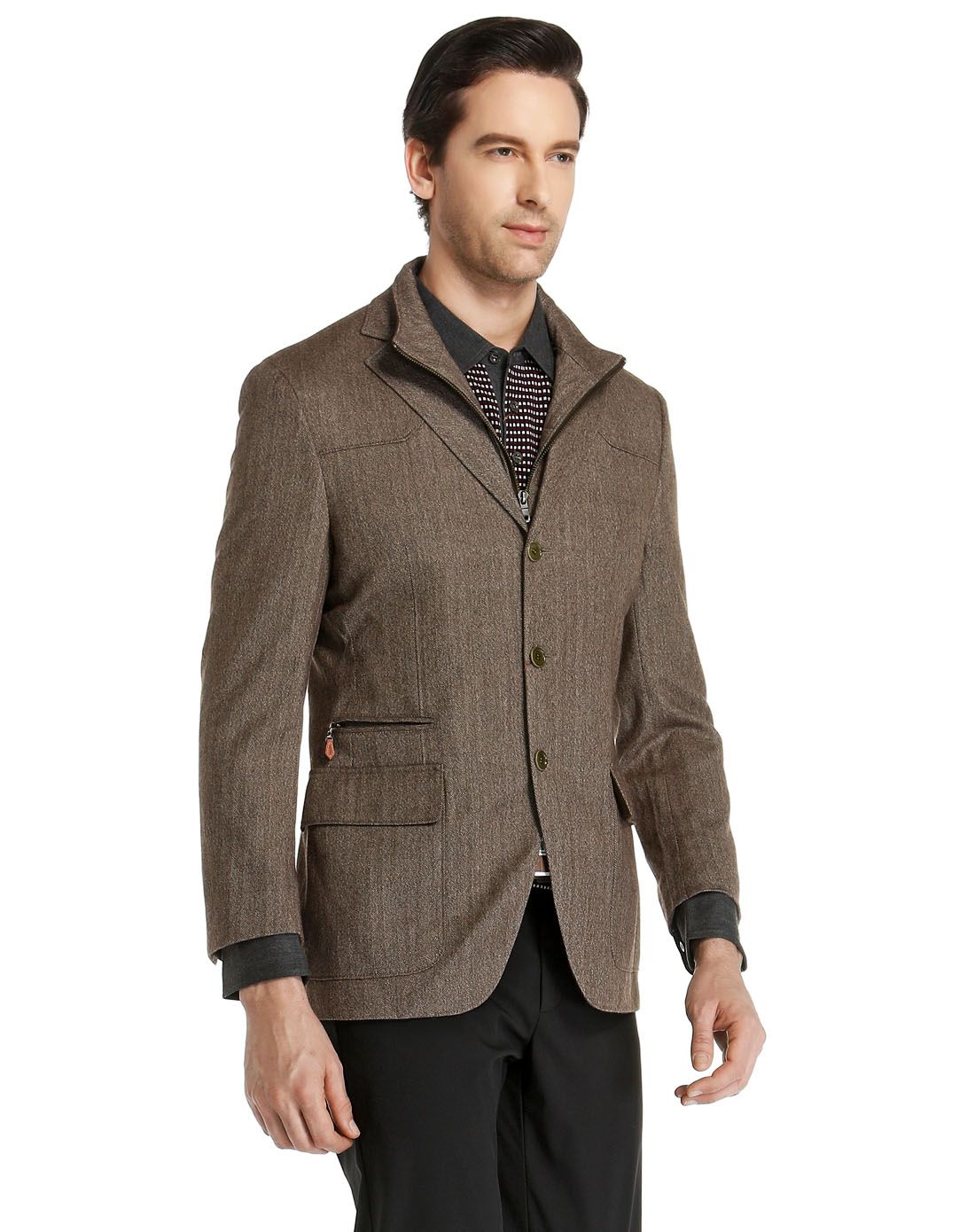 浅咖啡色修身休闲长袖西装