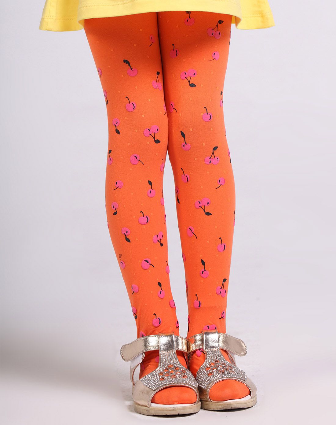 女童橘色3条装樱桃印花连裤袜