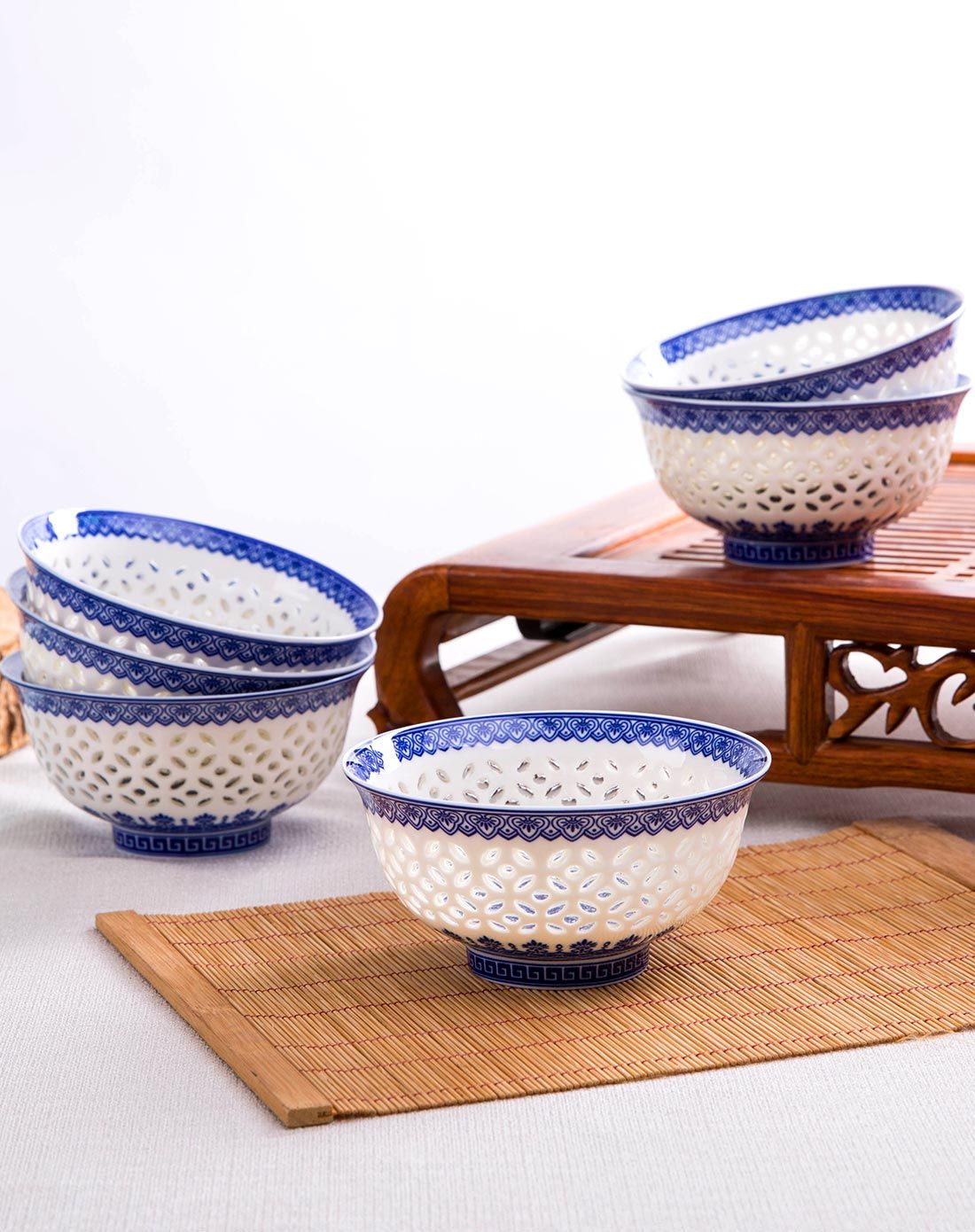 铜钱玲珑眼防烫手青花瓷碗套组碗底青花青龙寓意高贵可收藏