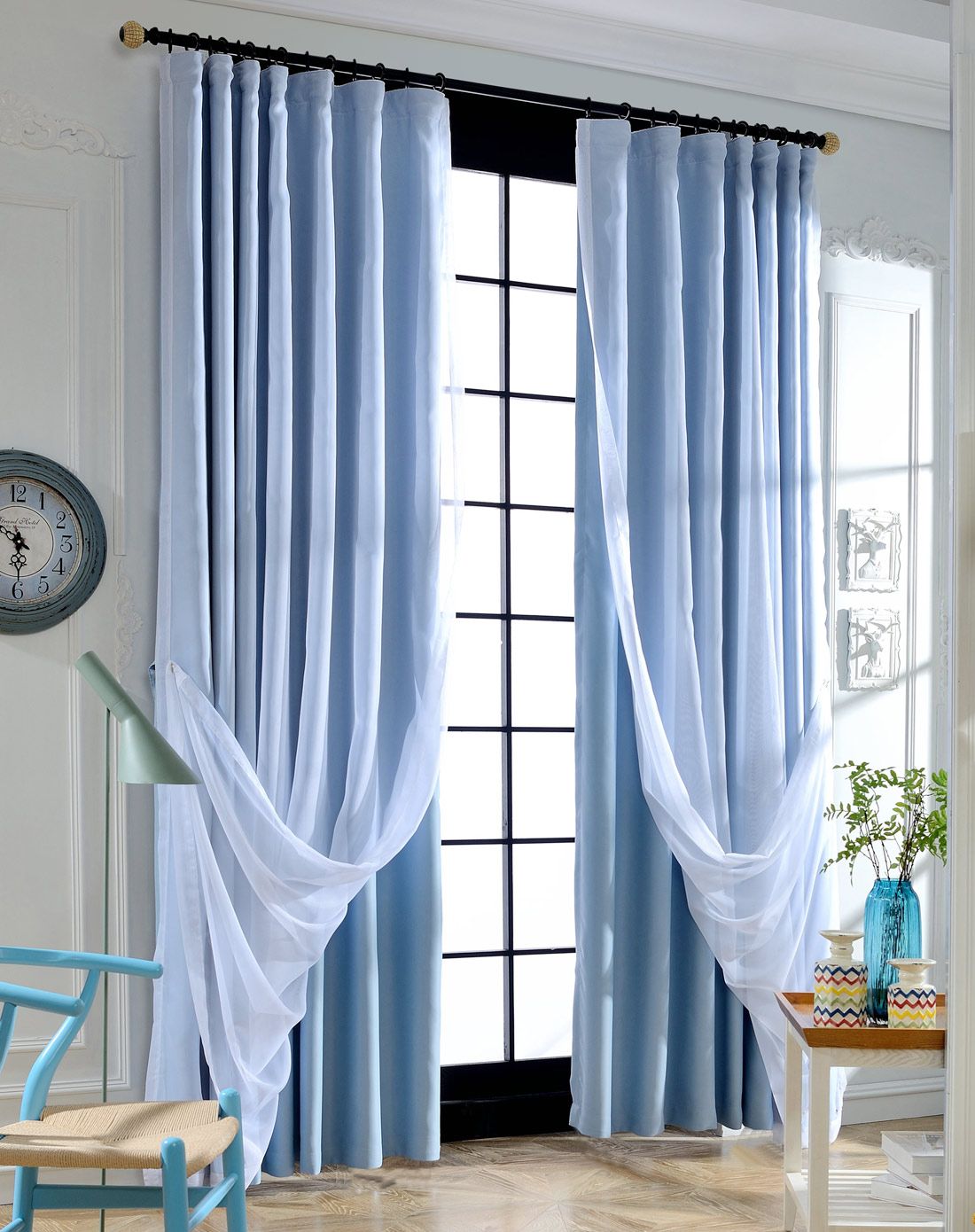 芬妮帘纱伊伴蓝色窗帘2*2.6m*2片挂钩 共4米