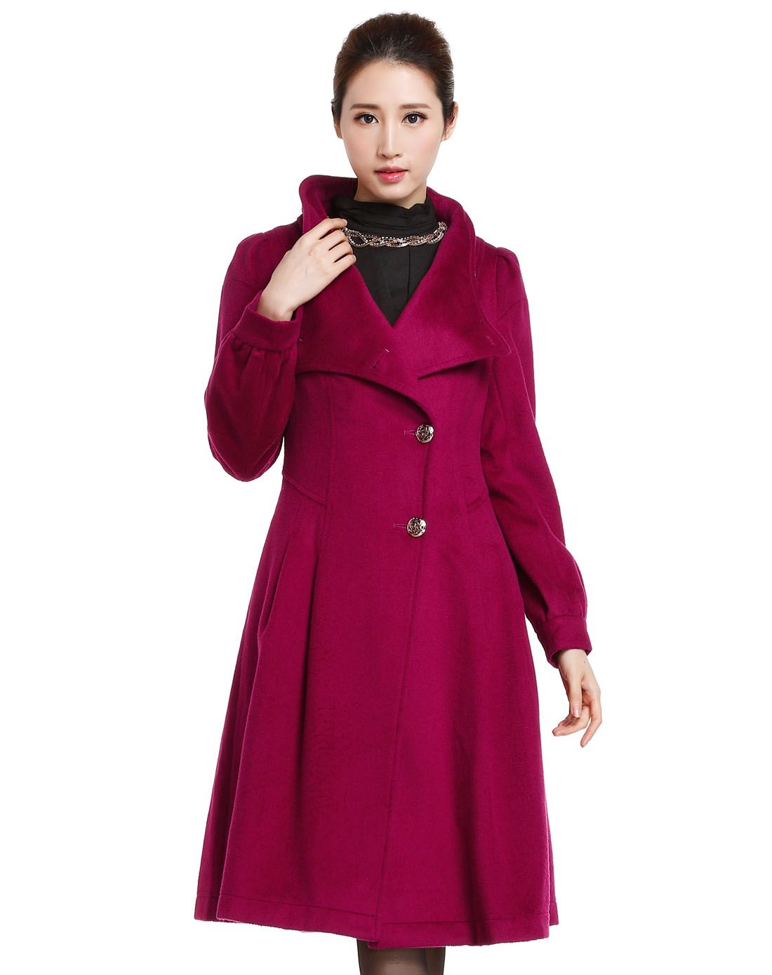 深玫红色简约韵味长袖大衣