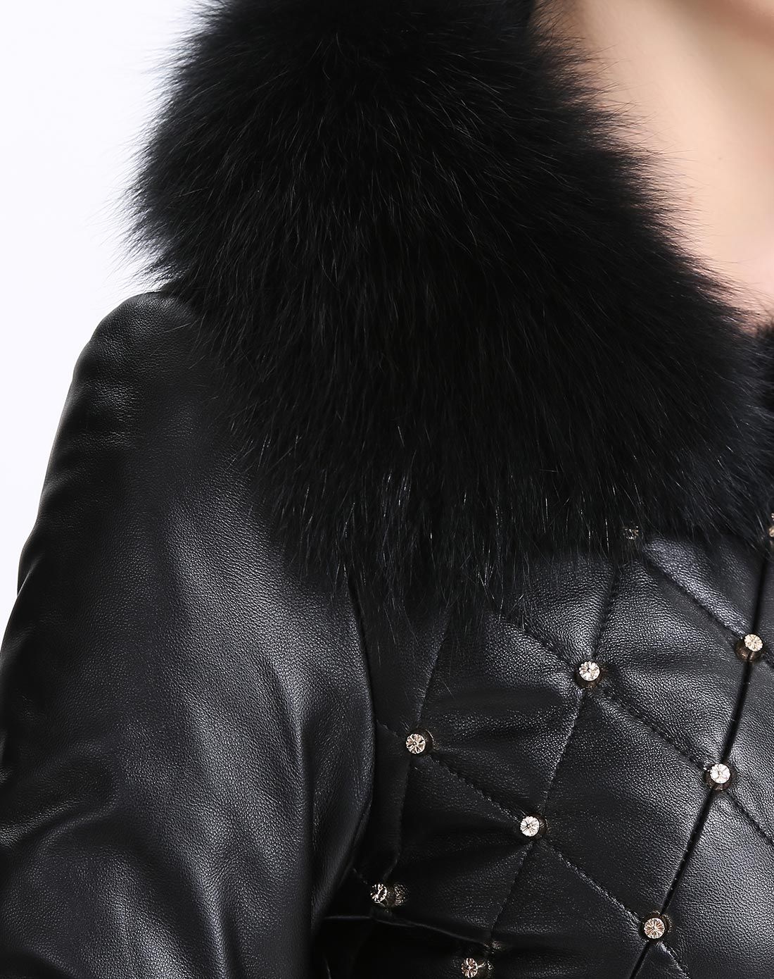 女款黑色绵羊皮配狐狸毛休闲外套