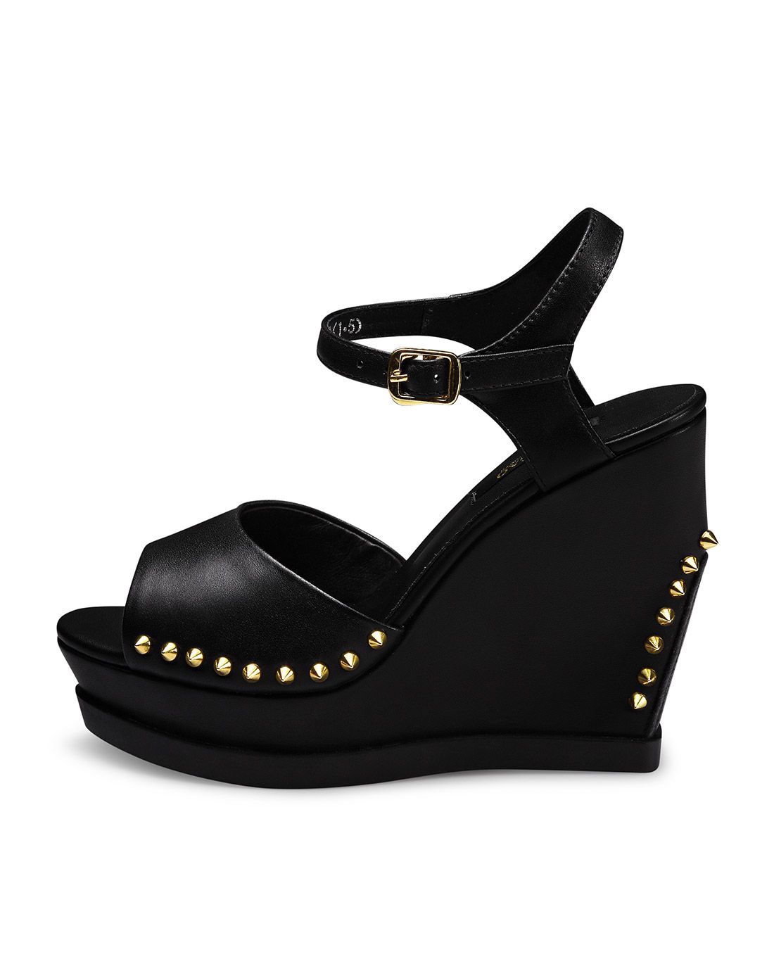 2016夏季新款 黑色牛皮时尚铆钉坡跟凉鞋