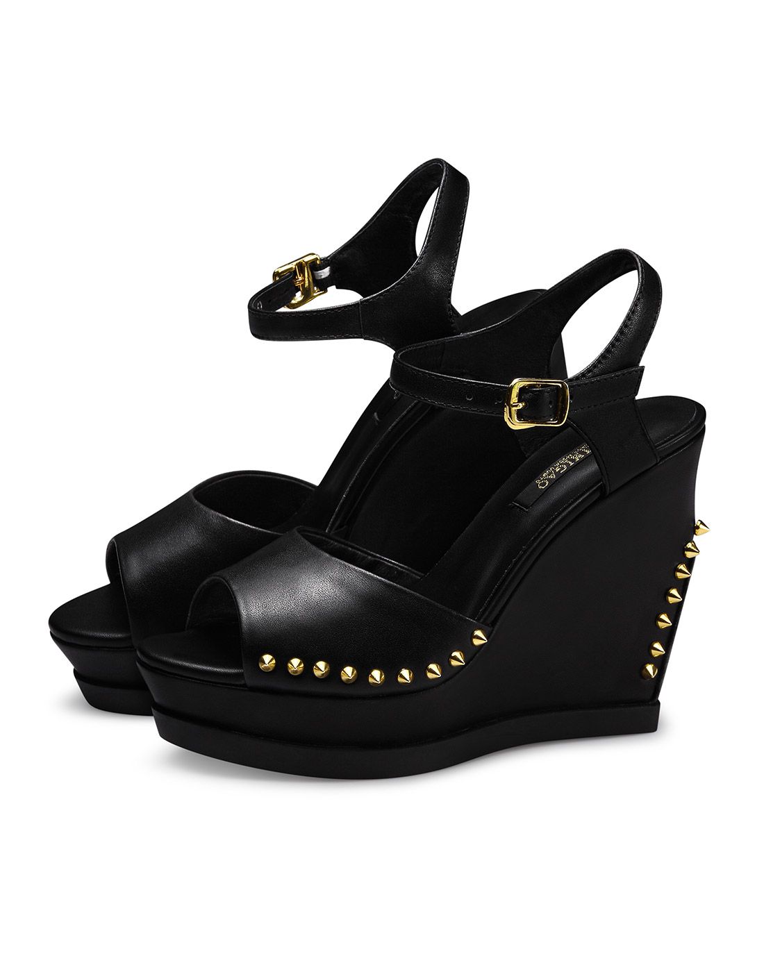 2016夏季新款 黑色牛皮时尚铆钉坡跟凉鞋