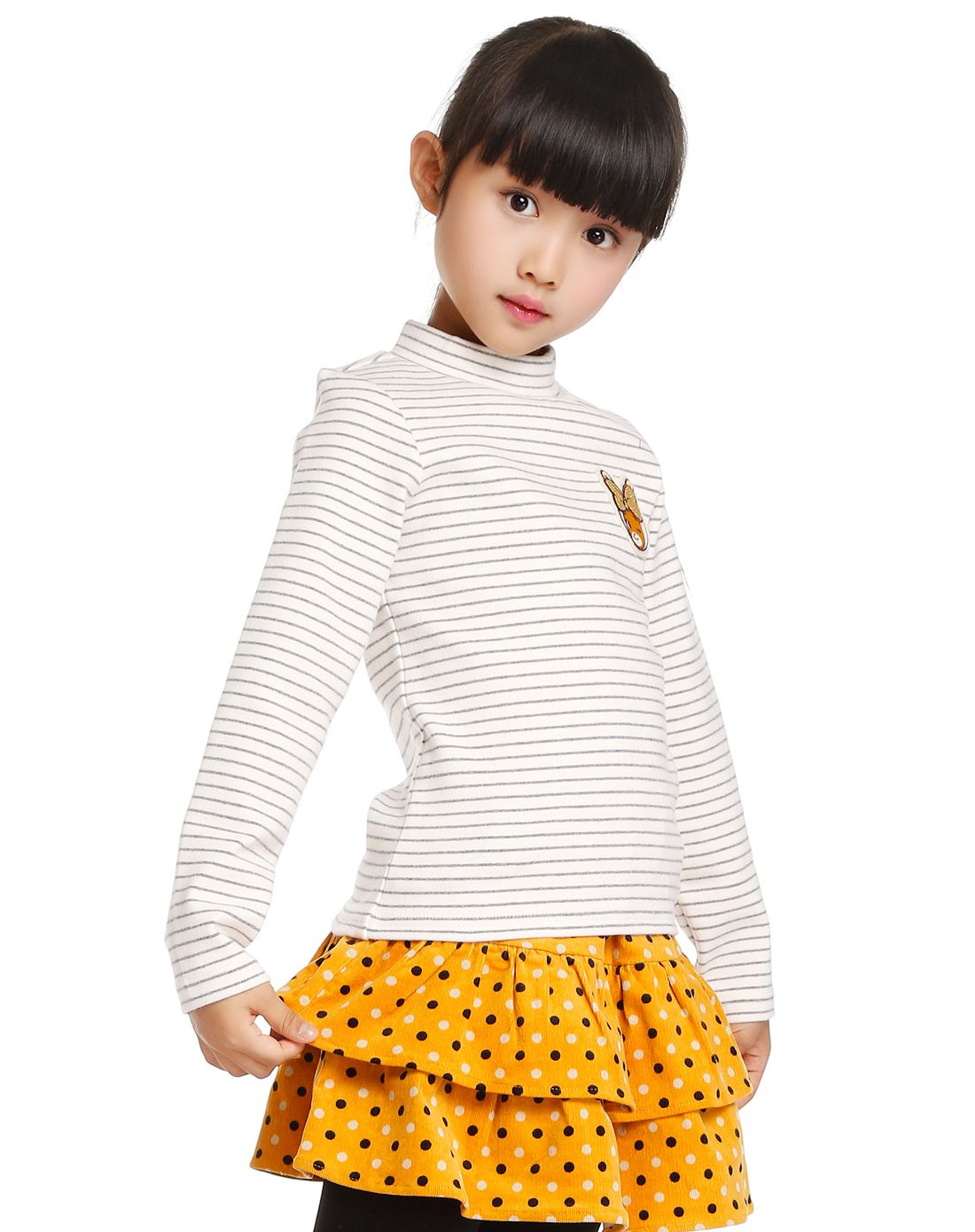 女童正灰色中高领条纹长袖t恤