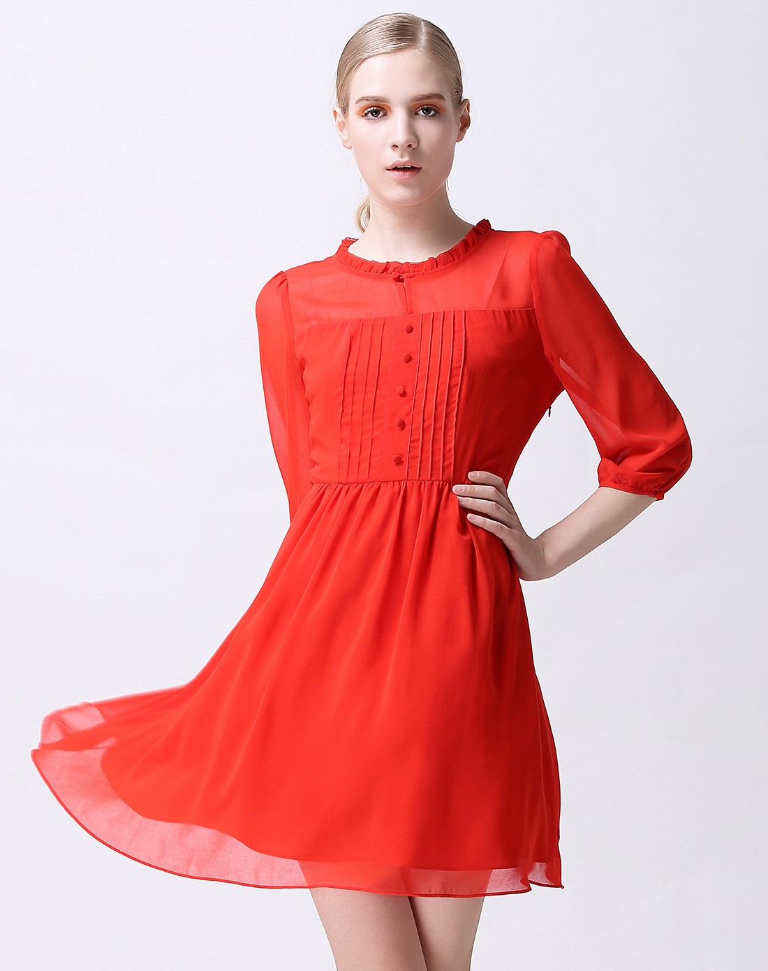 女橙红色雪纺优雅中袖连衣裙
