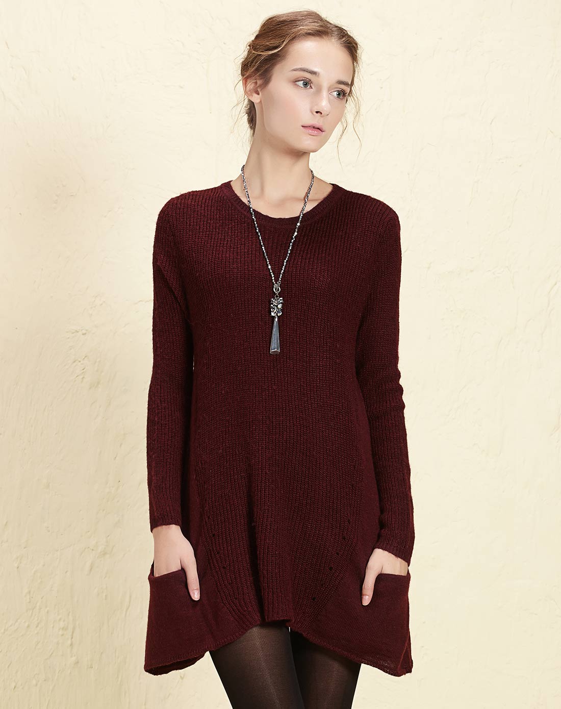 暗酒红色宽松毛织罩衫