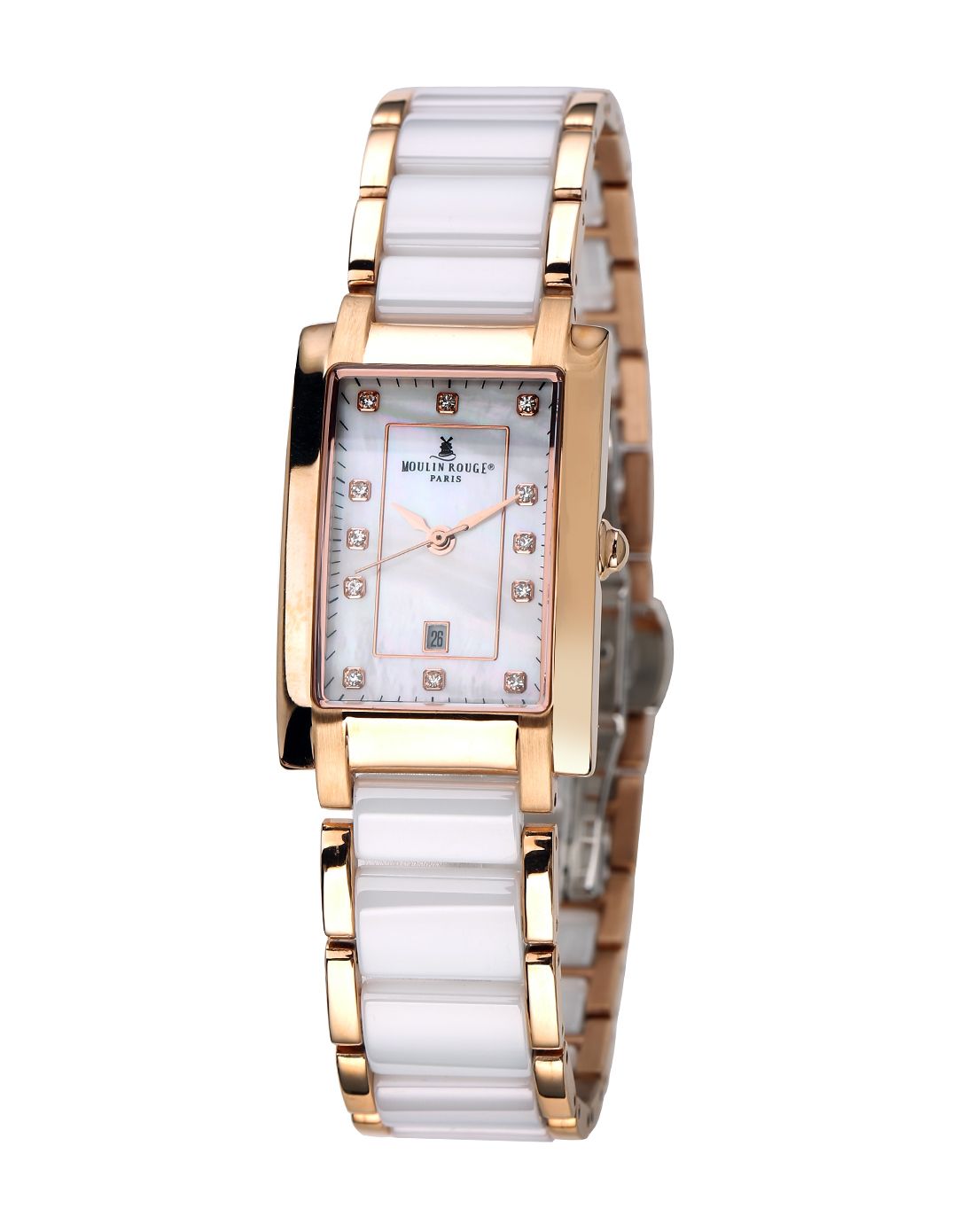 红磨坊moulin rouge 时尚方形表盘陶瓷玫瑰金石英女表