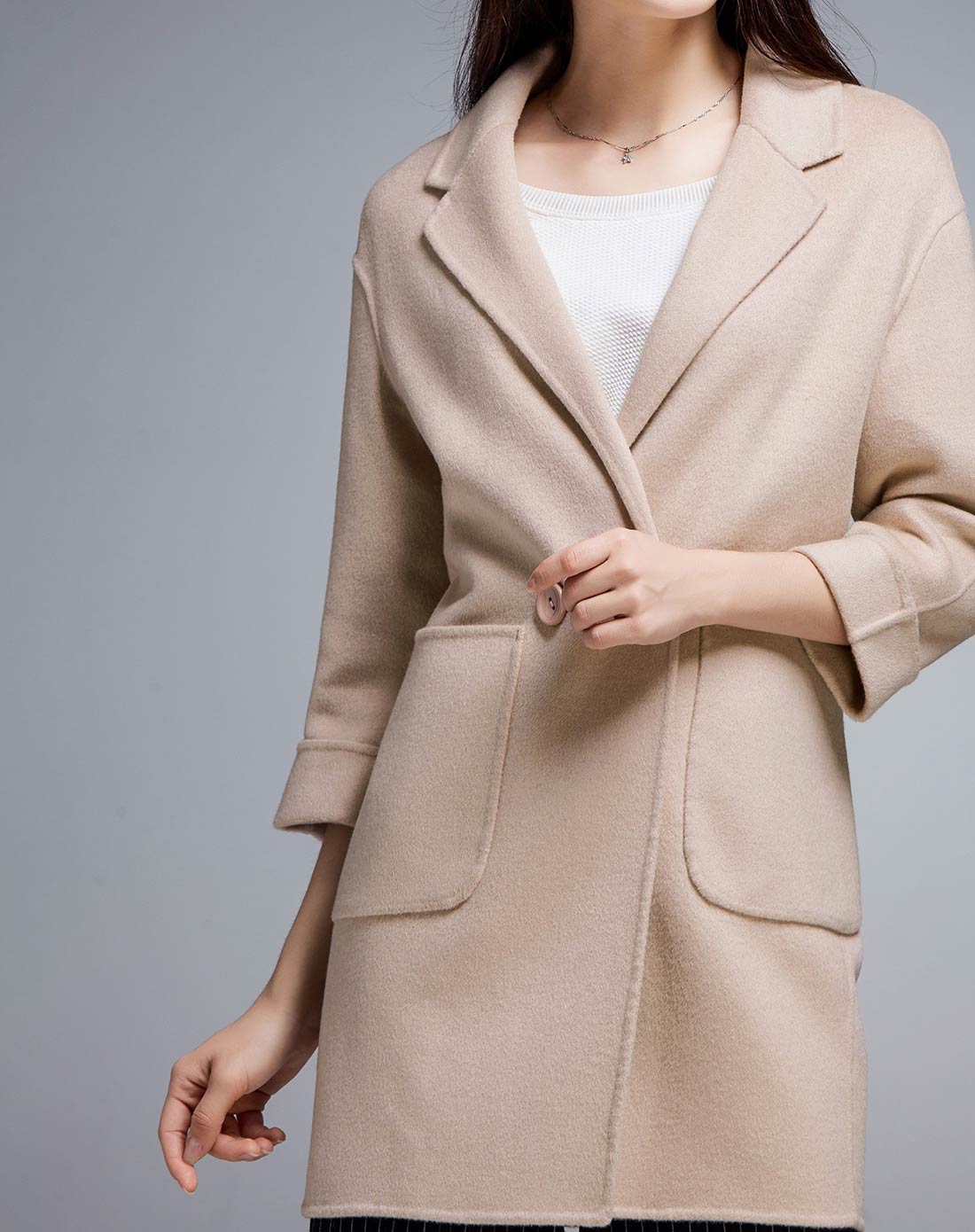 藕色欧美休闲双面羊毛呢中长款大衣