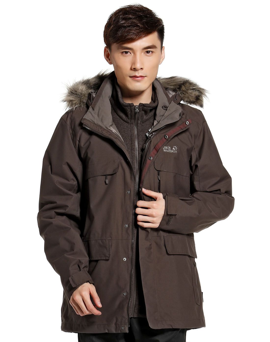 狼爪jackwolfskin户外男女保暖防泼水 男款摩卡色三合一夹克 长袖连帽