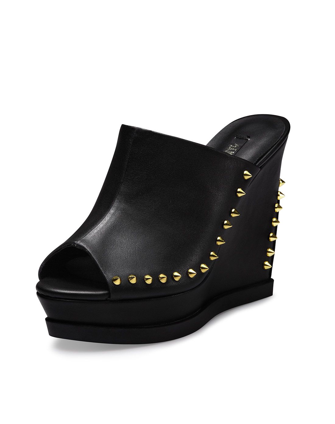 2016夏季新款 黑色牛皮时尚铆钉坡跟一字型凉拖