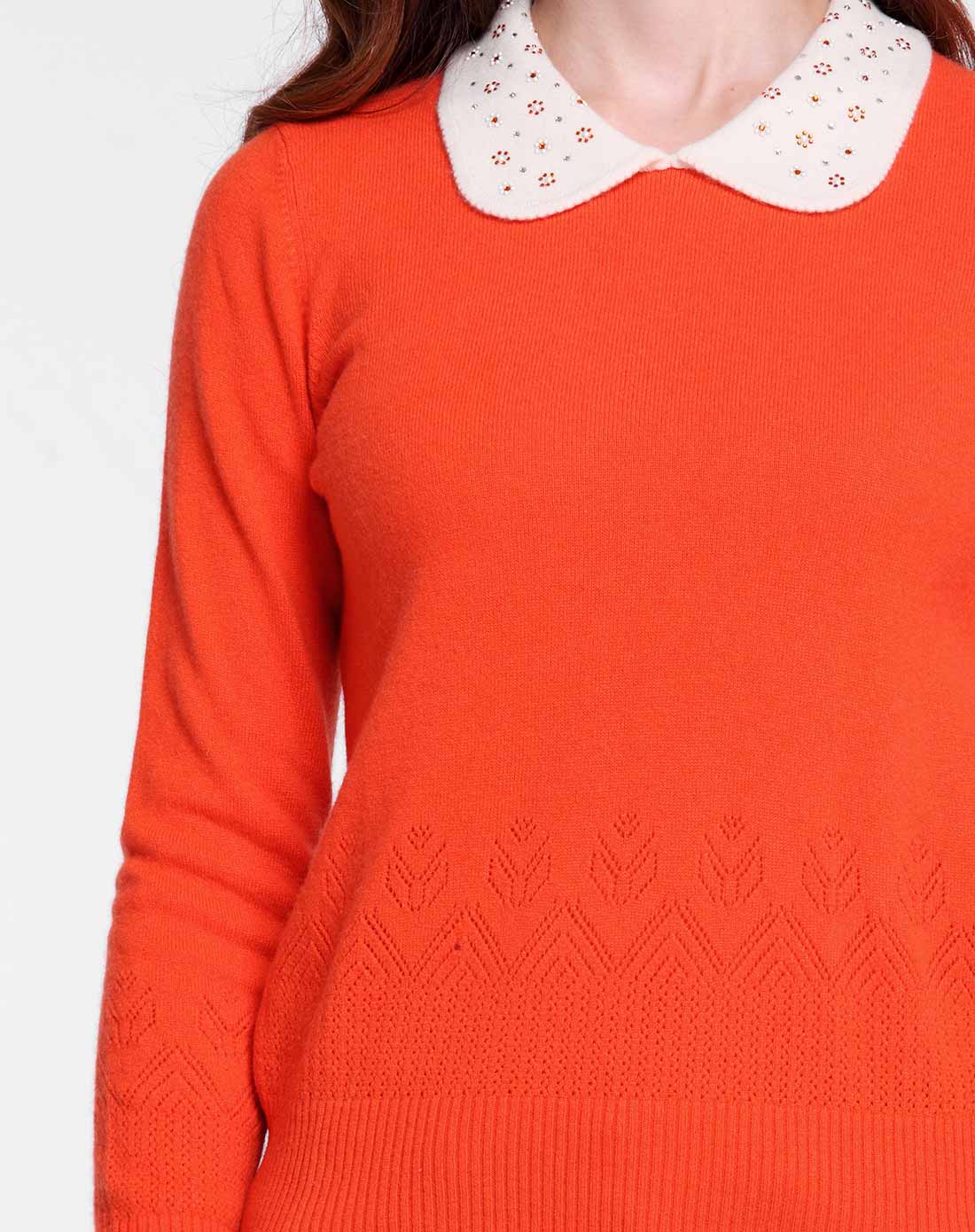 女款桔红色翻领时尚长袖纯山羊绒衫