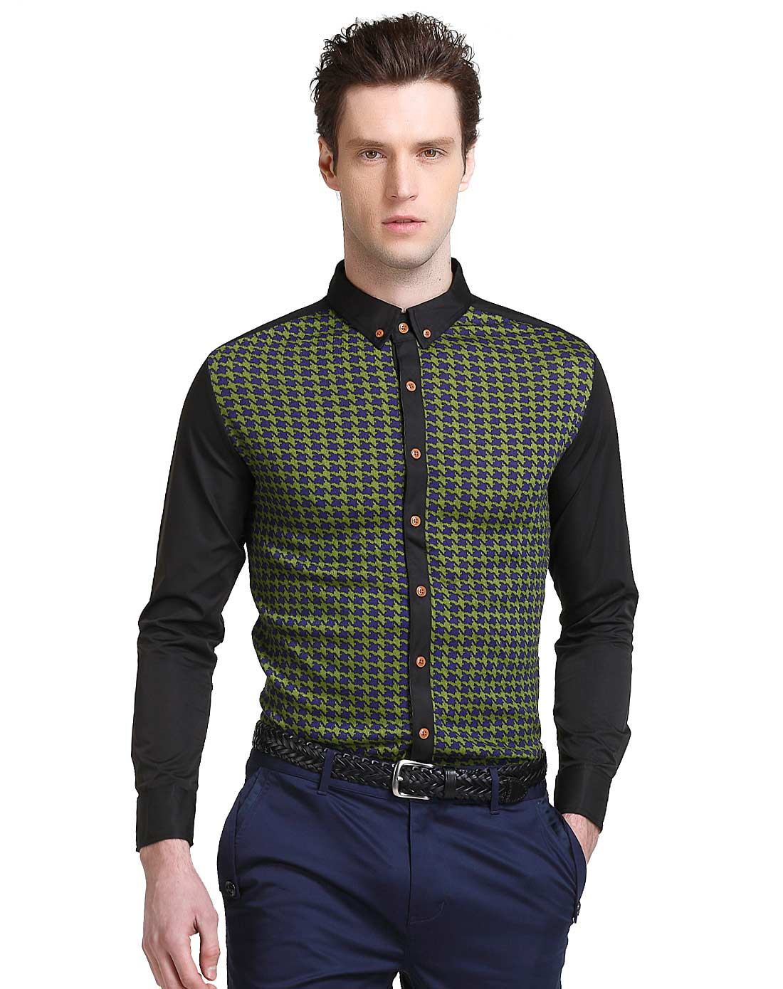 杰米克jenmick男装移动端专场男款橄榄绿方领千鸟格提花长袖衬衫