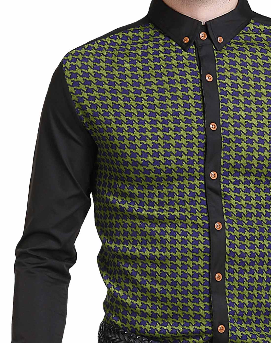 杰米克jenmick男装移动端专场男款橄榄绿方领千鸟格提花长袖衬衫