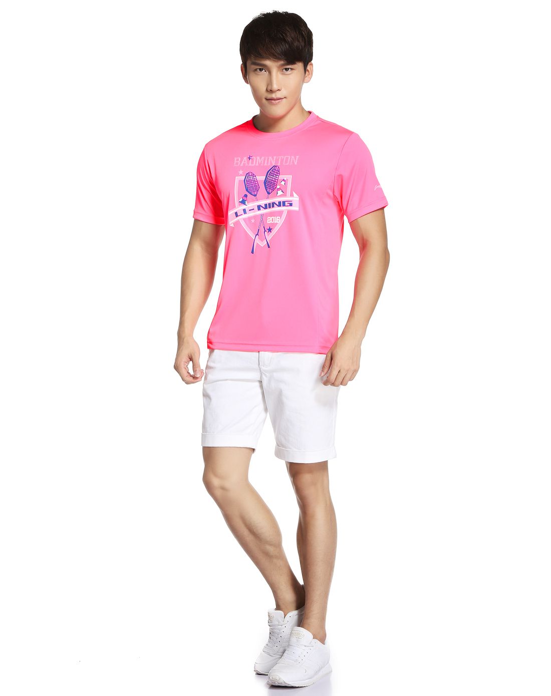 速干凉爽 男款荧光粉红色运动短袖t恤 羽毛球系列