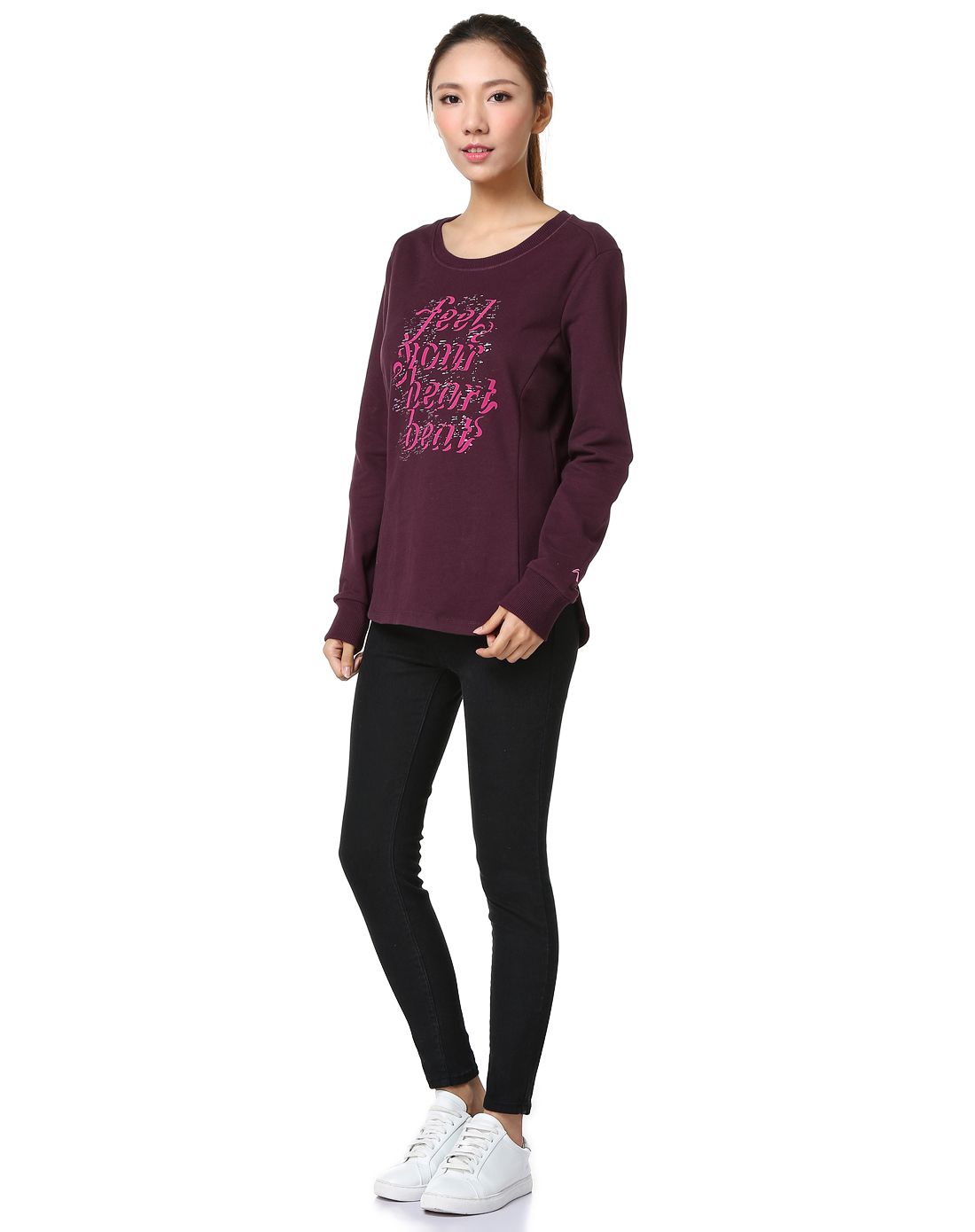 女款酒红紫套头无帽卫衣 时尚运动