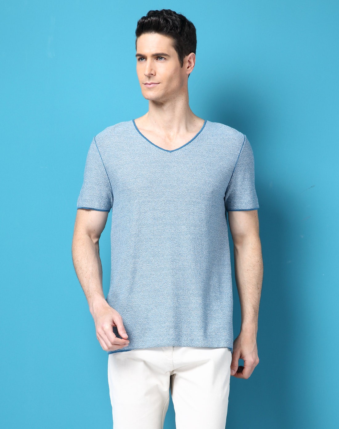 v领休闲清新天丝棉短袖t恤