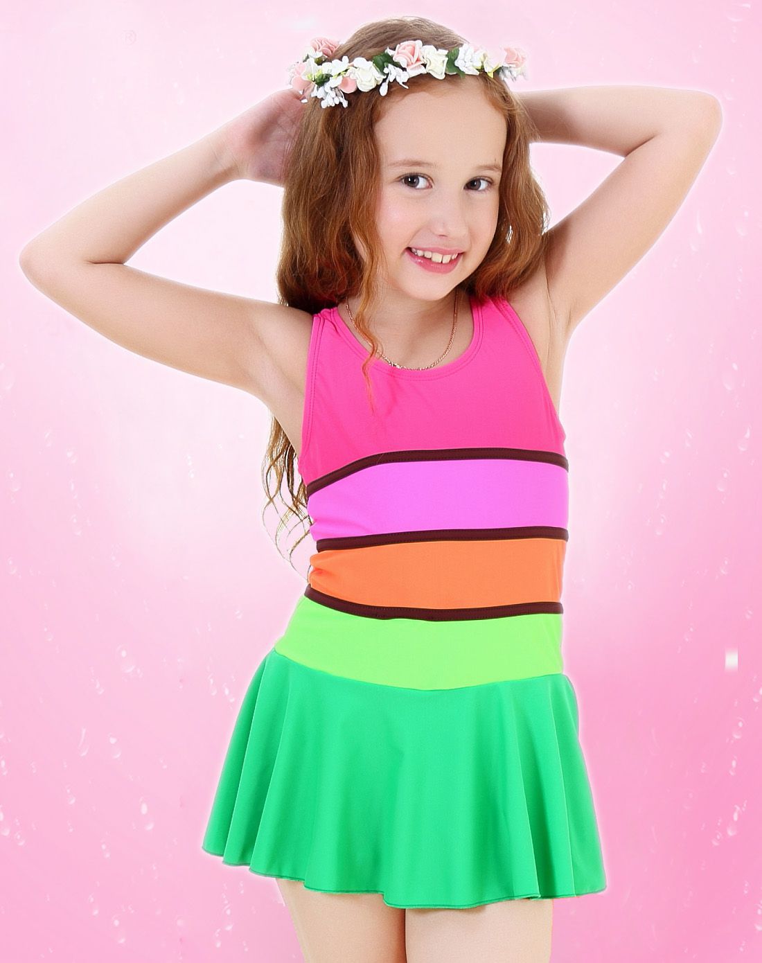 彩虹条纹 女童绿色连体可爱泳衣 抗氯速干